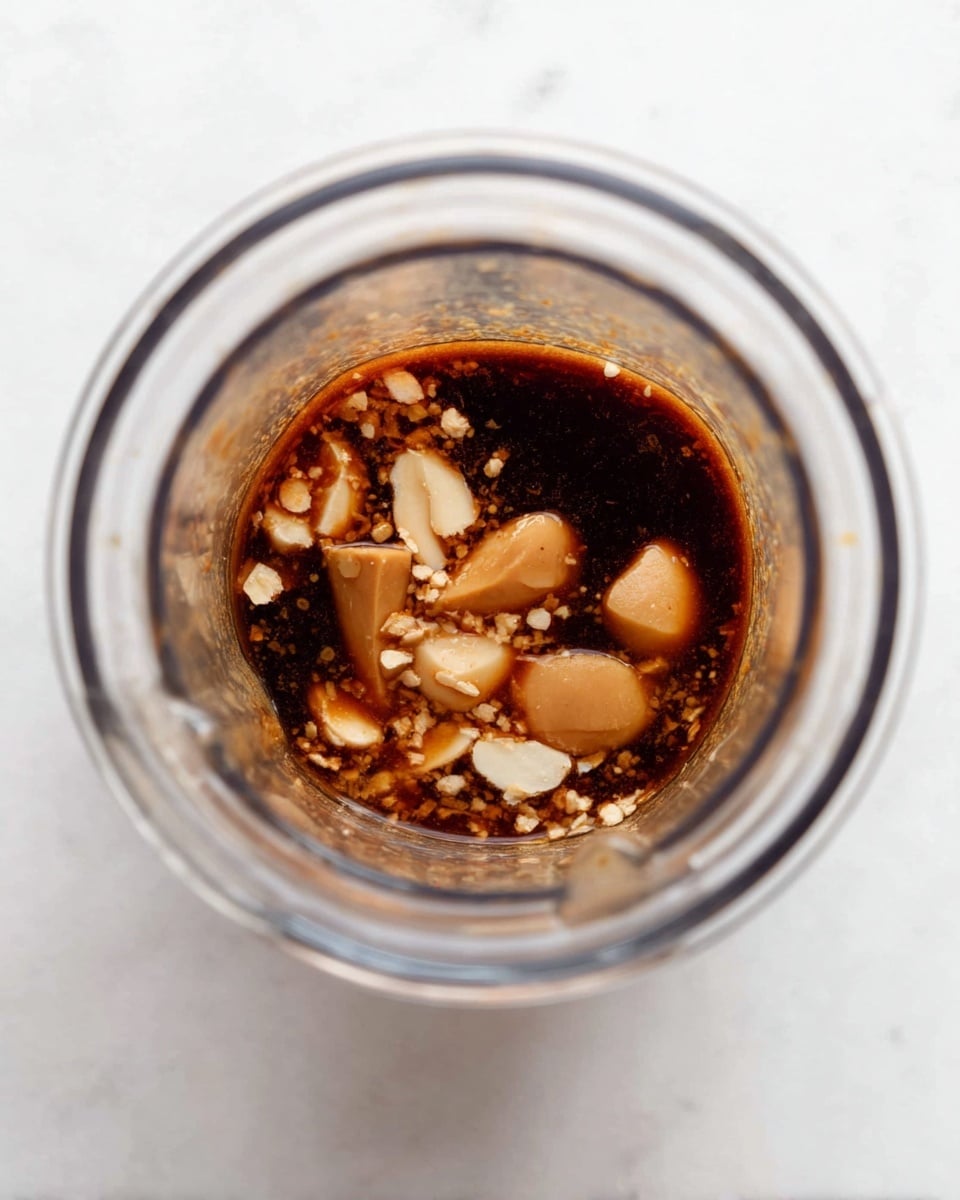 A clear blender container sits on a white marbled surface, filled with a dark brown liquid as the base layer. Floating within the liquid are chunky light tan pieces and small white bits scattered unevenly, creating a textured appearance. The container's transparent sides show the mix of thick and thin textures inside, viewed from above. Photo taken with an iphone --ar 4:5 --v 7