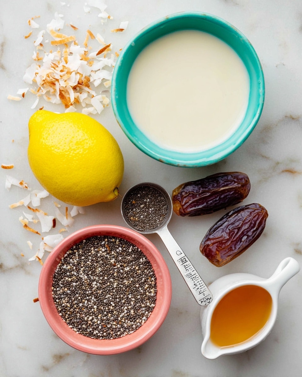 The image shows a flat lay of several ingredients arranged on a white marbled surface. In the center top is a turquoise bowl filled with a smooth, creamy white liquid. Below it, slightly to the right, is a white lemon, bright yellow and textured. Near the lemon are three shiny, dark brown dates. In the bottom middle is a coral-pink bowl filled with tiny black and white chia seeds, showing a grainy texture. To the left is a small metal measuring spoon with dark, thick liquid inside, and to the right is a white measuring cup with an amber-colored liquid. Small toasted coconut flakes are scattered lightly around the ingredients. photo taken with an iphone --ar 4:5 --v 7