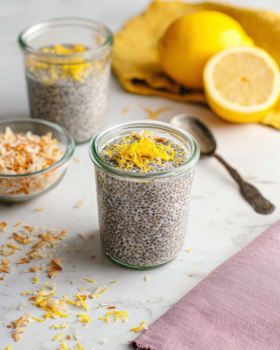 Two clear glass jars filled with a creamy chia seed pudding with black chia seeds evenly spread throughout. The jar in front is topped with a small layer of light yellow lemon zest and toasted coconut flakes. The jars are placed on a white marbled surface scattered with some yellow lemon zest and toasted coconut flakes. In the background, to the right, there is a whole yellow lemon next to a zester, and a yellow cloth is partially visible. To the left, a small clear bowl contains toasted coconut flakes, and in the bottom right corner, part of a pink cloth napkin and a silver spoon are visible. Photo taken with an iphone --ar 4:5 --v 7