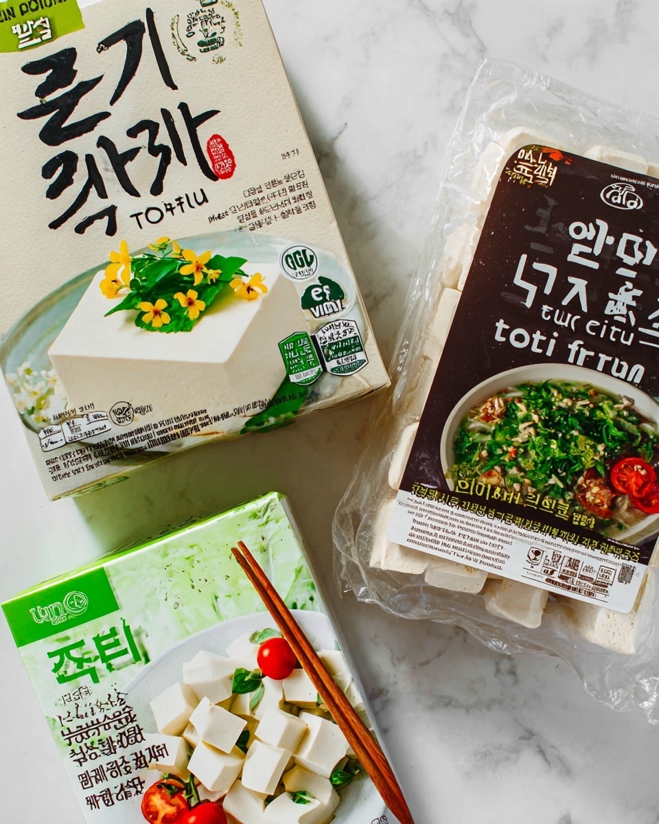 The image shows three different packages of tofu placed on a white marbled surface. The top left package is green and cream colored with large black Korean letters and a photo of white smooth tofu topped with green leaves and small yellow flowers on a white plate. To the right, there is a clear package with a dark brown and white label that reads