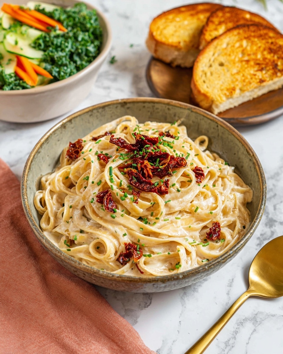A bowl of creamy fettuccine pasta fills the center, with thick, smooth, off-white noodles neatly piled and topped with small pieces of dark red sun-dried tomatoes and sprinkled green chives, all inside a rustic grayish bowl. Two golden brown toasted bread slices are placed behind and to the side of the bowl. A smaller white bowl with a fresh green salad containing chopped kale, orange carrot sticks, and light green cucumber pieces sits in the background on a white marbled surface. A gold spoon lies to the right of the bowl, next to the closer toasted bread slice. A peach-colored cloth napkin is folded on the lower left corner. photo taken with an iphone --ar 4:5 --v 7