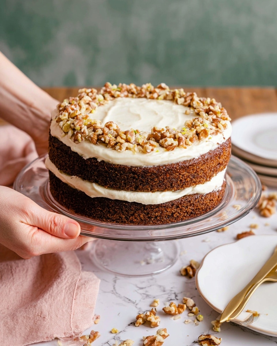 A two-layer cake with dark brown moist cake layers separated by a thick layer of smooth off-white cream, topped with a similar thick cream layer spread evenly on top, decorated with a ring of chopped walnuts around the edge. The cake is placed on a clear glass cake stand, with some walnuts scattered around it. A woman's hand is gently holding the cake stand from the back. The background surface is a white marbled texture, with a light pink cloth and a white plate with a gold fork nearby. Photo taken with an iphone --ar 4:5 --v 7