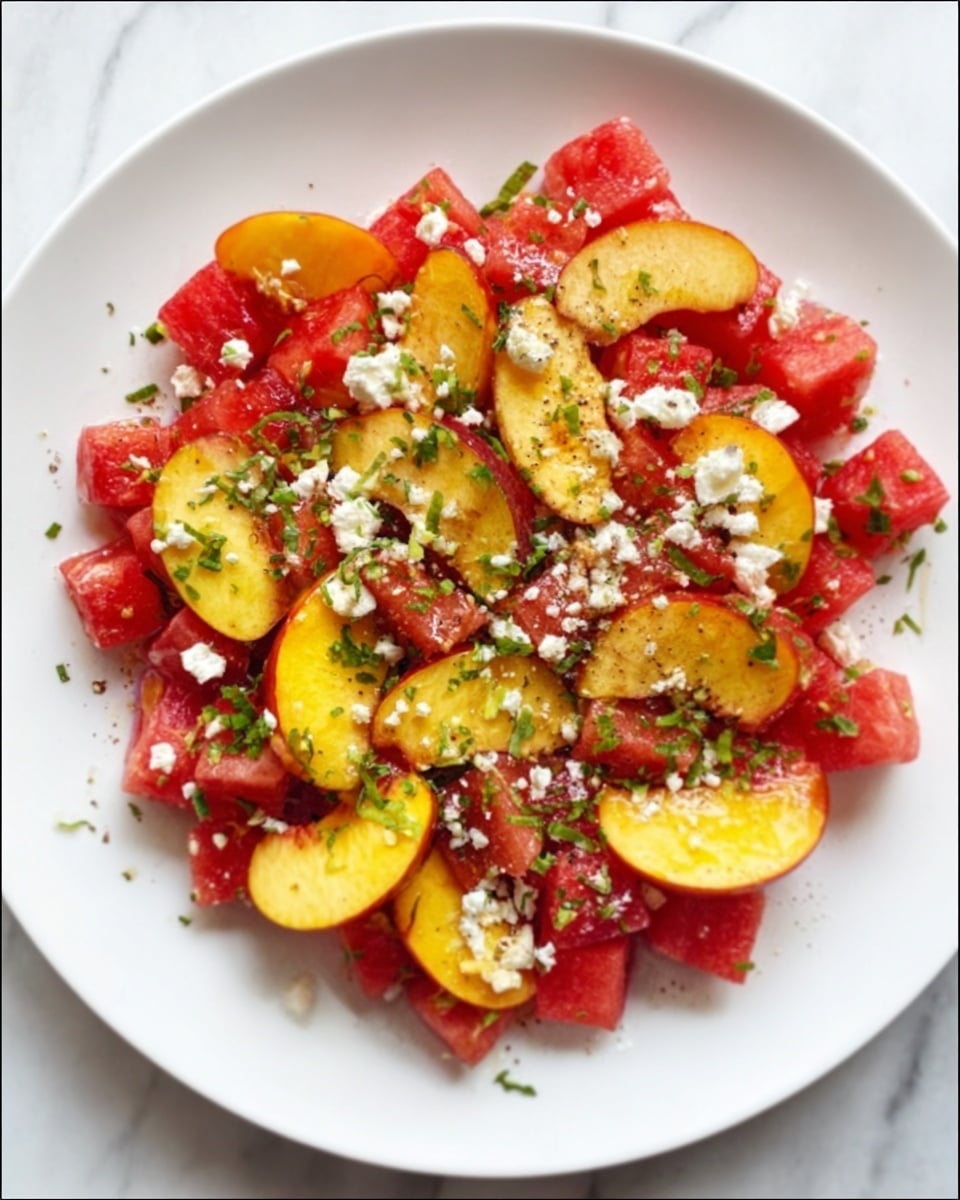 A white plate filled with a colorful salad layered with red watermelon chunks spread throughout, topped with golden yellow peach slices that have a slight shine, sprinkled with small white cheese bits scattered unevenly, and garnished with green herbs finely chopped, all arranged on a white marbled surface. photo taken with an iphone --ar 4:5 --v 7
