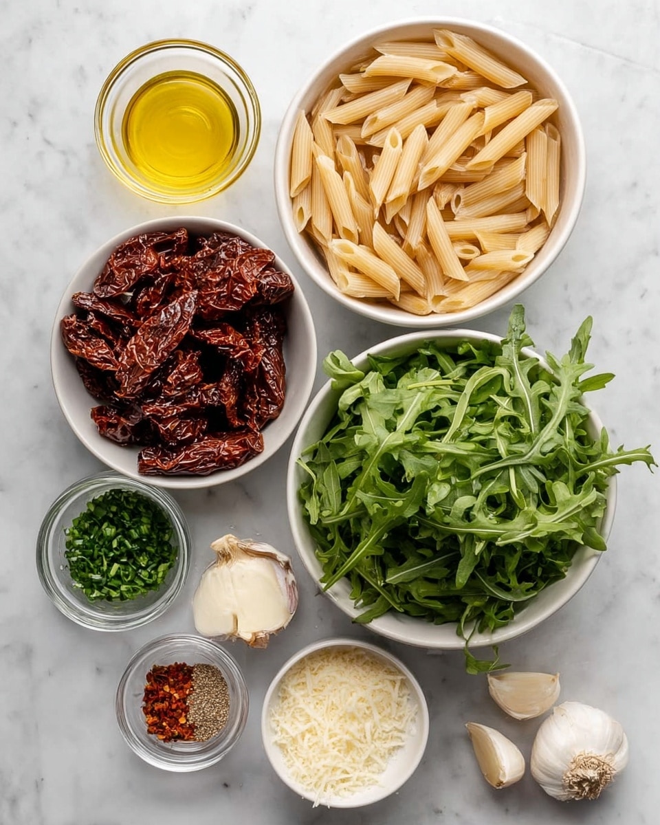 The image shows an overhead view of several white bowls arranged on a white marbled surface. One large white bowl at the top right contains dry, uncooked penne pasta in a light beige color. Another large white bowl at the bottom right holds fresh, green arugula leaves with jagged edges. To the left of the arugula, a smaller white bowl is filled with freshly grated white cheese. Above this, a clear glass bowl contains golden olive oil. To the left of the olive oil, a small white bowl holds fresh chopped green herbs. Below that, another small white bowl contains a mix of black pepper, red chili flakes, and salt. Three whole garlic cloves are placed beside the small bowls. On the left side of the image, there is a large bowl filled with dark red sun-dried tomatoes. The overall color contrast of pale pasta, bright greens, dark sun-dried tomatoes, and pale cheese is clear and vibrant. photo taken with an iphone --ar 4:5 --v 7