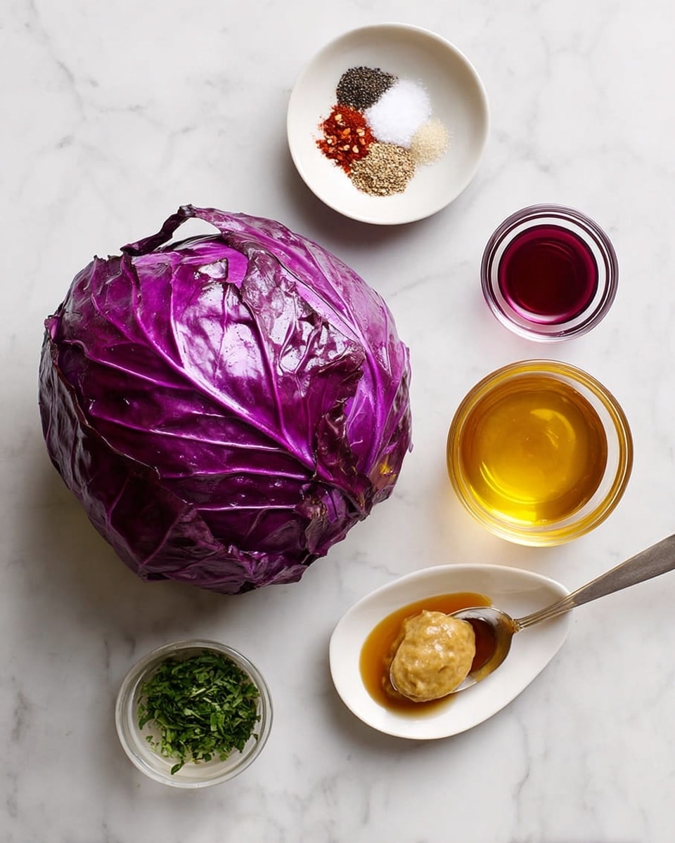 A whole head of purple cabbage with glossy leaves is placed on a white marbled surface. Surrounding it are several small containers: a white bowl with four piles of spices including salt, black pepper, garlic powder, and red chili flakes; a clear glass cup filled with a golden liquid; another clear glass cup with a dark red liquid; a small white bowl holding finely chopped green herbs; a metal spoon with a thick, beige mustard-like paste; and another spoon with a dark amber syrup. The items are neatly arranged, showing vibrant colors and different textures against the clean white marbled background. photo taken with an iphone --ar 4:5 --v 7