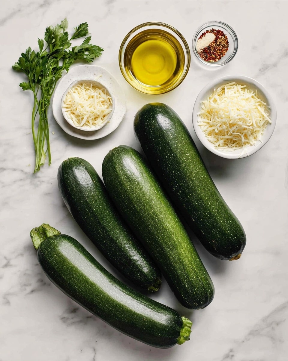 The image shows five whole zucchinis with dark green smooth skin resting on a white marbled surface. To the left, a small bunch of fresh green parsley lies flat. Above the parsley, a clear glass cup filled with golden olive oil is placed next to a small white bowl filled with shredded white cheese. At the top, a small clear bowl contains a mixture of spices with colors including red, white, and light brown. The overall layout is neat and well spaced with a clean white marbled background. photo taken with an iphone --ar 4:5 --v 7