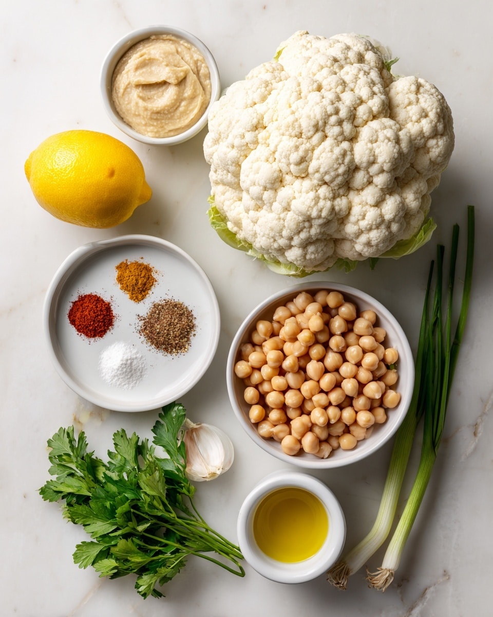 The image shows several ingredients placed on a white marbled surface. In the center is a large whole cauliflower with a bumpy white texture. Below it is a white bowl filled with round, light brown chickpeas. To the left of the chickpeas is a bright yellow lemon, and above it is a white bowl with a smooth, light brown tahini paste. Above the cauliflower is a smaller white bowl containing several spices in small piles, including reddish, white, brown, and black powders. To the right of the cauliflower, there is a small clove of garlic, two green spring onion stalks, and a bunch of fresh green parsley. Below the parsley is a small white cup filled with golden olive oil. The arrangement is neat and evenly spaced. Photo taken with an iphone --ar 4:5 --v 7