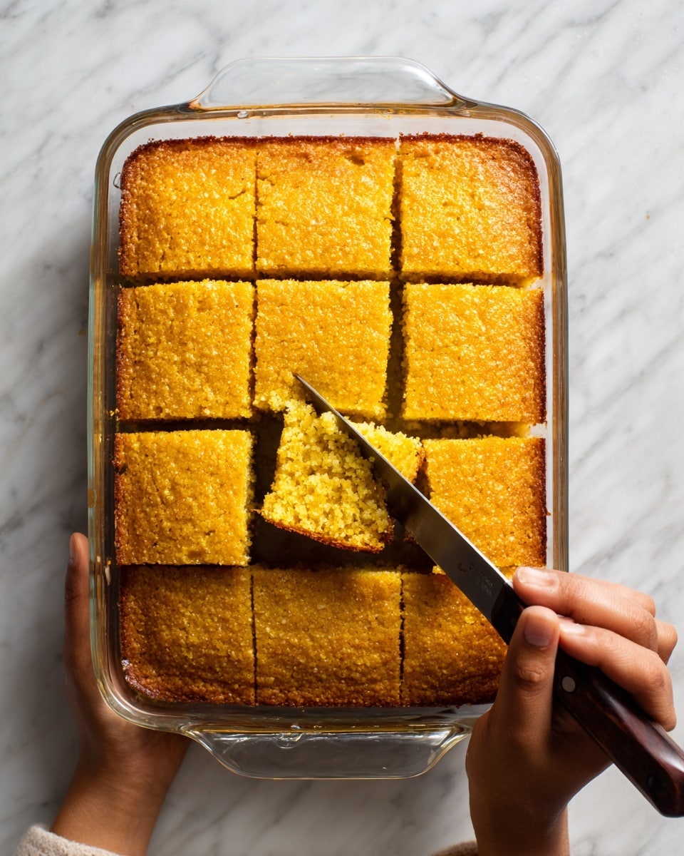 A clear glass rectangular baking dish filled with a thick golden brown baked cornbread that has a slightly rough textured crust, divided into several equal square pieces. The edges of the cornbread are darker and crispier while the center stays a lighter golden yellow. A woman's hand grips the side of the dish firmly while another woman's hand holds a dark-handled knife cutting horizontally through the cornbread. The dish is placed on a white marbled surface. photo taken with an iphone --ar 4:5 --v 7