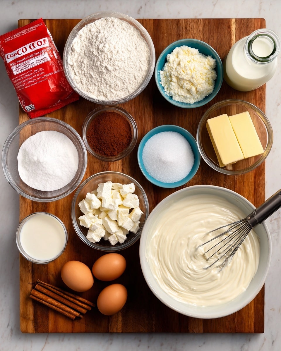 A wooden surface holds various baking ingredients arranged neatly. There is a white bowl filled with smooth white cream at the bottom right, with a metal whisk inside it. To the left of this bowl is a small white bowl with white powdered sugar, and next to it, a tiny blue bowl with white salt. Above these is a small glass bowl of pale yellow butter and a larger white bowl filled with white flour. A small glass bowl with chunky white curds is placed near a bright red packet of cocoa powder to the left. Nearby, a small glass cup with milk and a solid stick of yellow butter are placed side by side. Towards the top right, a glass bottle filled with milk is next to a white bowl holding four brown eggs. Two cinnamon sticks rest horizontally near the bottom center on the wooden surface. The scene is set on a white marbled texture visible behind the wooden surface. Photo taken with an iphone --ar 4:5 --v 7
