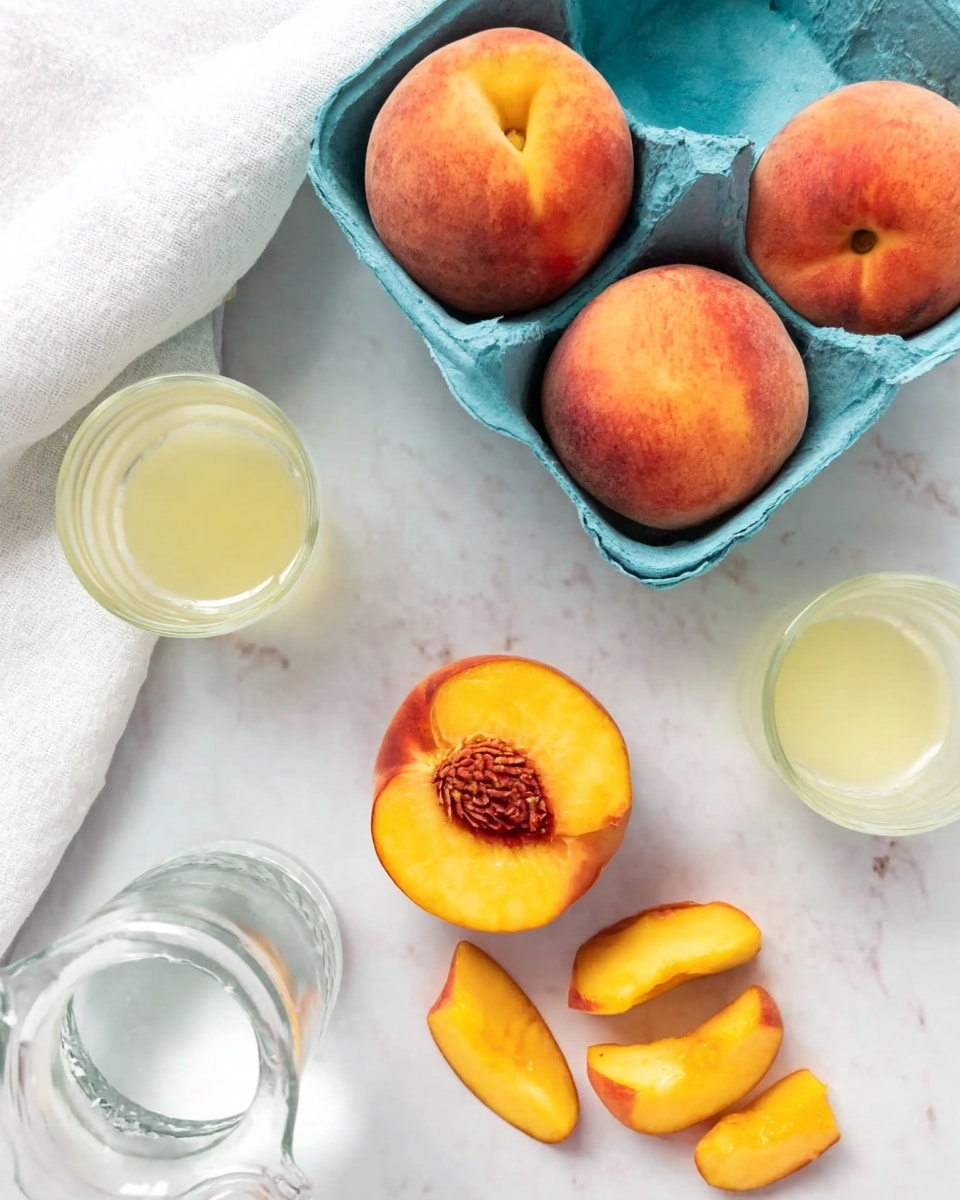 The image shows a white marbled surface with three whole fuzzy peaches at the top, two inside a blue berry carton in the center and one resting outside. Two peach halves are placed near the bottom right, one showing the seed inside, and a few smaller peach slices are scattered nearby. On the right side, there are two clear glasses filled with light yellow and white liquids. At the bottom left, part of a clear glass pitcher with water is visible. A white cloth napkin is folded in the top left corner. photo taken with an iphone --ar 4:5 --v 7