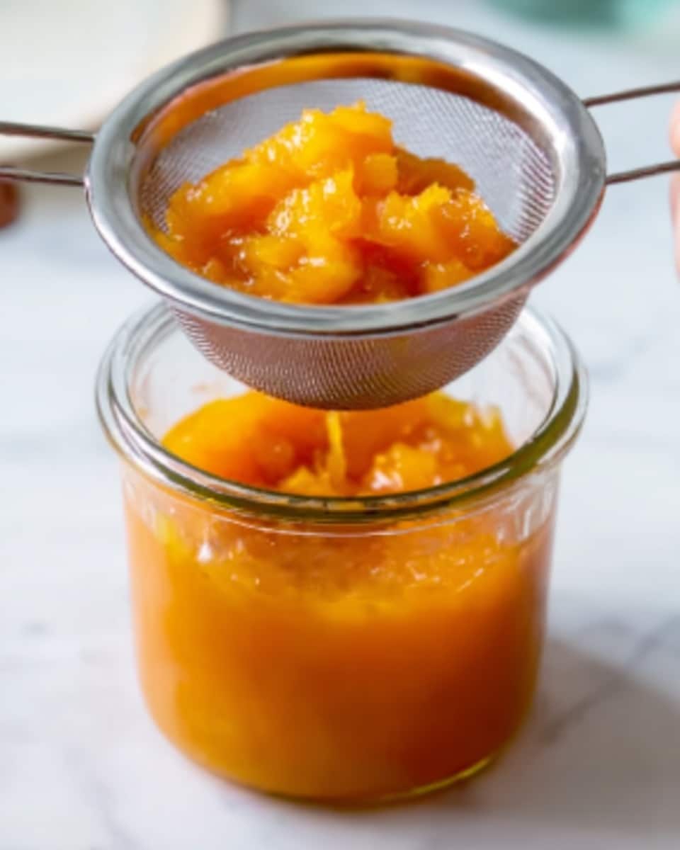 The image shows a close-up of a small clear glass cup filled with a bright orange mixture that looks soft and chunky. The mixture has a thick texture, and it fills the cup to just below the rim. On top, the orange chunks are uneven and glossy, looking fresh and juicy. The cup sits on a white marbled surface, and a fine metal mesh strainer is placed on top. The strainer is holding part of the orange mixture above the cup, allowing some liquid to drip back inside. A woman's hand is holding the strainer steady. The overall look is warm and fresh with a shiny texture on the orange pieces. photo taken with an iphone --ar 4:5 --v 7