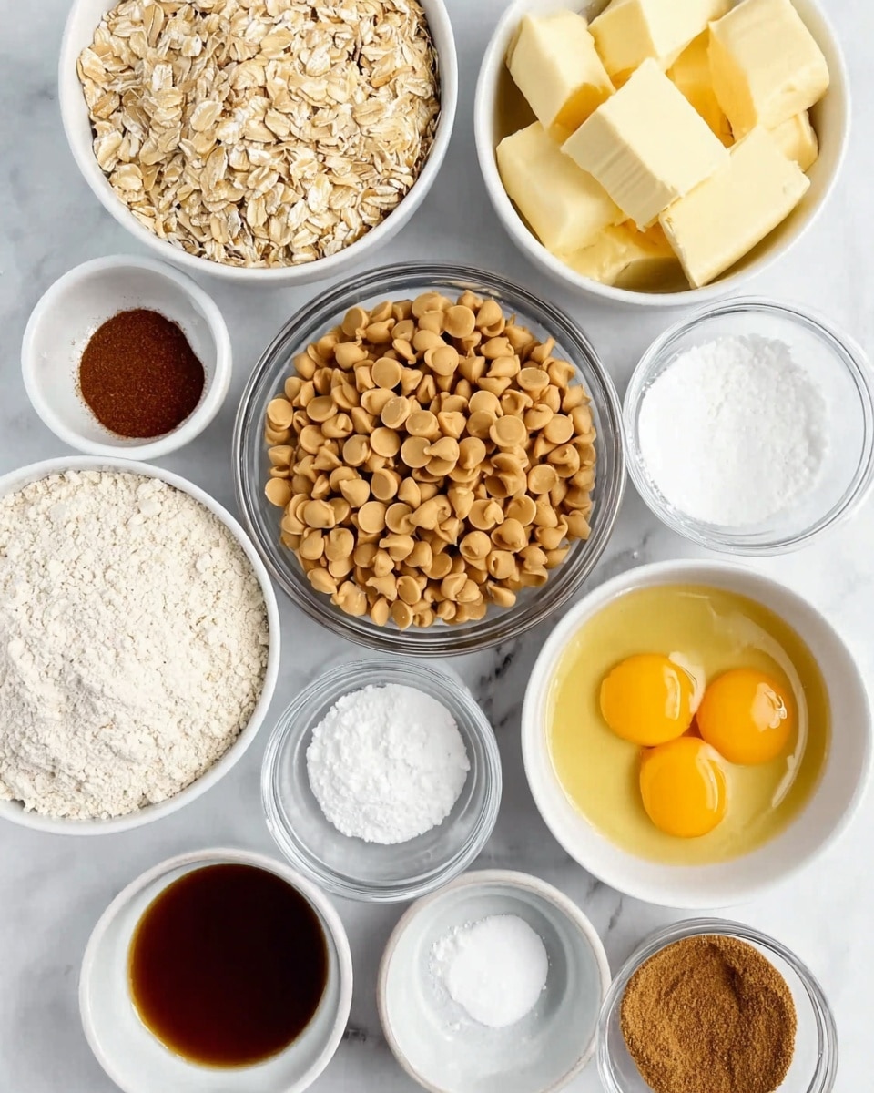 The image shows a white marbled surface with small white bowls arranged neatly. From top to bottom, the first bowl contains light beige oat flakes with a rough texture. Below it to the left is a bowl filled with fine white flour, smooth and powdery. In the center is a clear bowl filled with many smooth, round butterscotch chips in a light caramel color. To the right, another bowl holds cubes of pale yellow butter, soft and creamy in appearance. Small bowls around these main ingredients hold fine brown sugar, shiny dark vanilla extract, white salt, white baking soda, white baking powder, and two raw eggs with bright yellow yolks floating in clear liquid. In the middle top is a small bowl with a dark reddish-brown powder, likely cinnamon. The bowls are arranged evenly with no pile, and the overall scene is bright and clean. Photo taken with an iphone --ar 4:5 --v 7