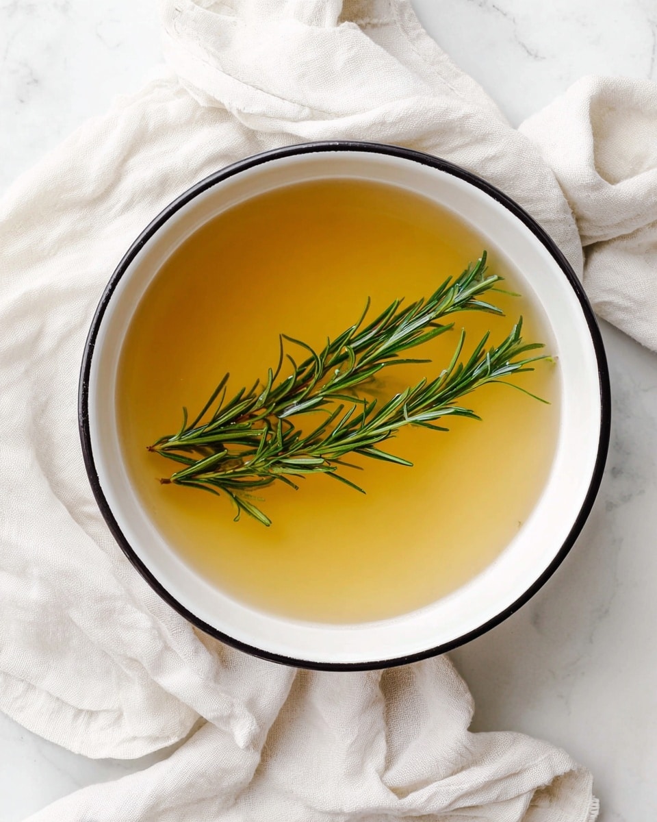 A top-down view of a white enamel pot with a thin black rim filled with clear golden liquid broth. Inside the broth, there are two green rosemary sprigs floating gently on the surface. The pot sits on a white marbled surface with a soft, white cloth casually draped around it, adding texture and a cozy feel. The light reflects softly off the broth and rosemary, highlighting the freshness and warmth of the liquid. Photo taken with an iphone --ar 4:5 --v 7