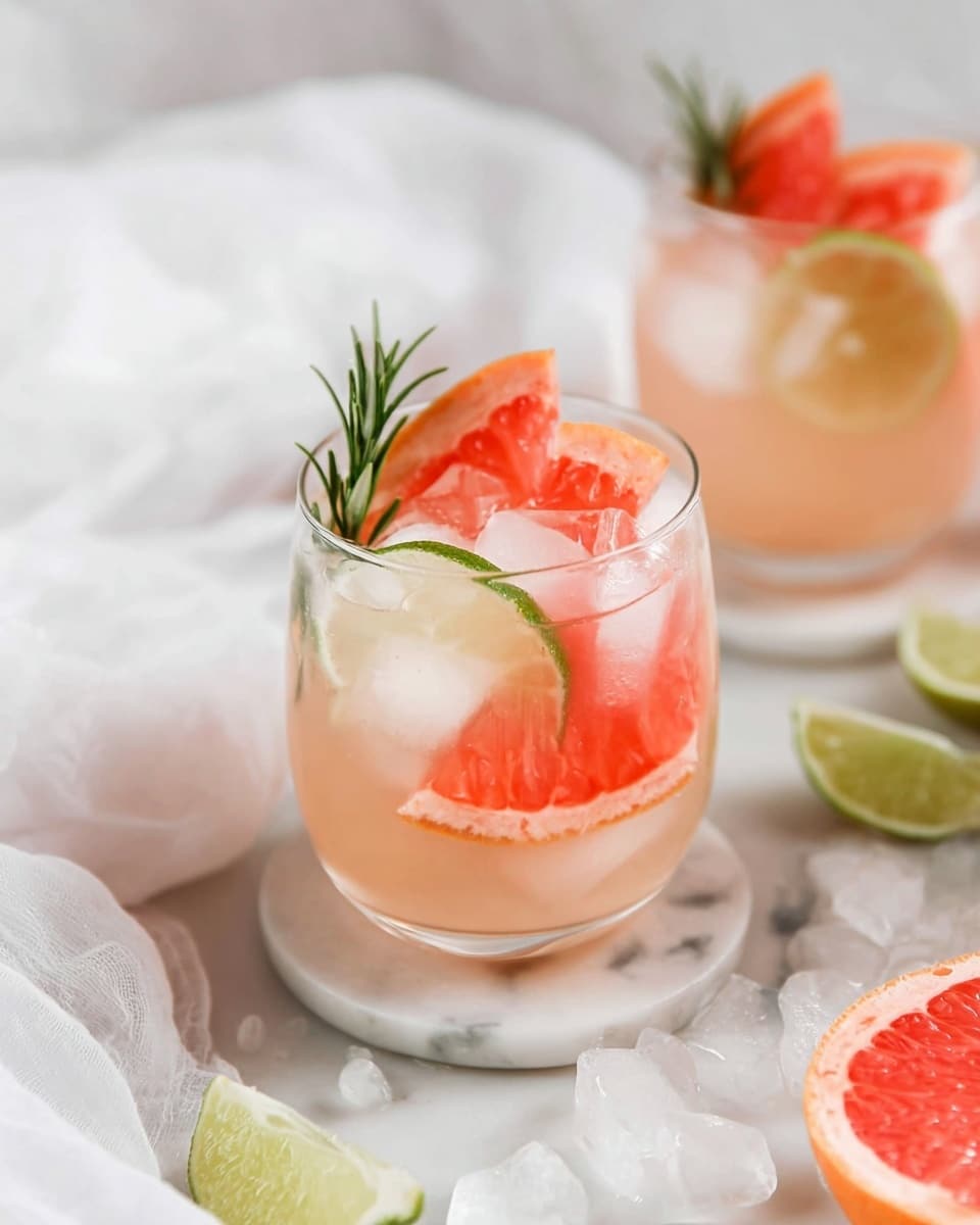 Two short clear glasses filled with a pale pink drink, each containing several round ice cubes. One glass in front has three bright pink grapefruit slices, a thin green lime slice, and a green rosemary sprig standing upright among the ice. The second glass in the back shows similar contents with grapefruit slices and ice. Both glasses sit on small round white coasters on a white marbled surface with scattered ice cubes and lime slices nearby. Soft white cloth is draped casually in the background. photo taken with an iphone --ar 4:5 --v 7