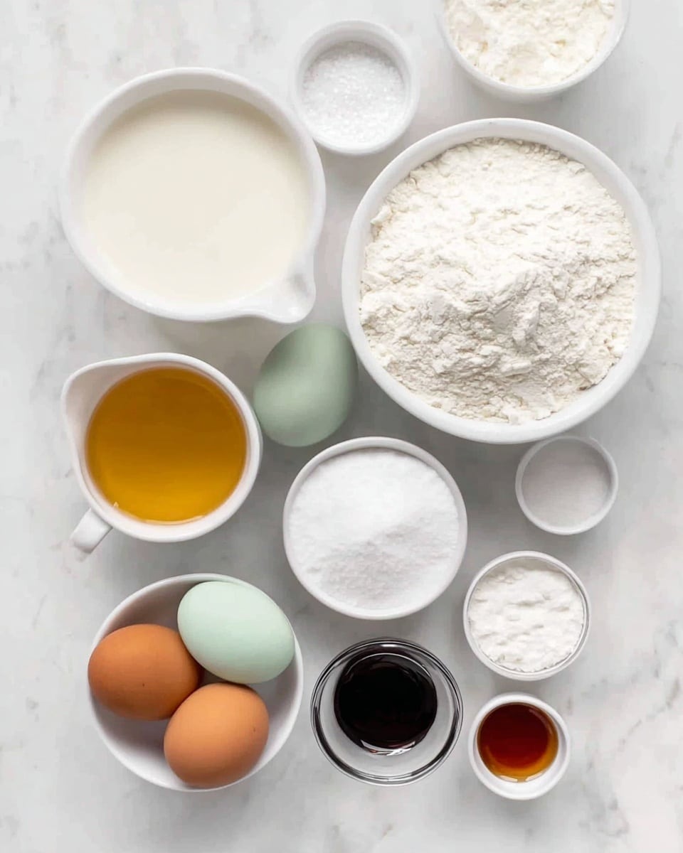The image shows a white marbled surface with an arrangement of baking ingredients in white bowls and glass containers. In the top left, there is a white bowl filled with milk, next to it on the right is a larger white bowl filled with white flour. Below the milk are two small white bowls, one with granulated sugar and the other with a white powder, possibly baking powder. To the left of the flour bowl, there is a white cup with golden liquid, likely honey or oil. Below, two eggs are placed side by side, one light green and one brown. Next to the eggs is a small glass bowl with dark liquid, likely vanilla extract. Additional small white bowls hold other dry ingredients. The arrangement is neat and mostly circular, with all items placed on the white marbled surface. photo taken with an iphone --ar 4:5 --v 7