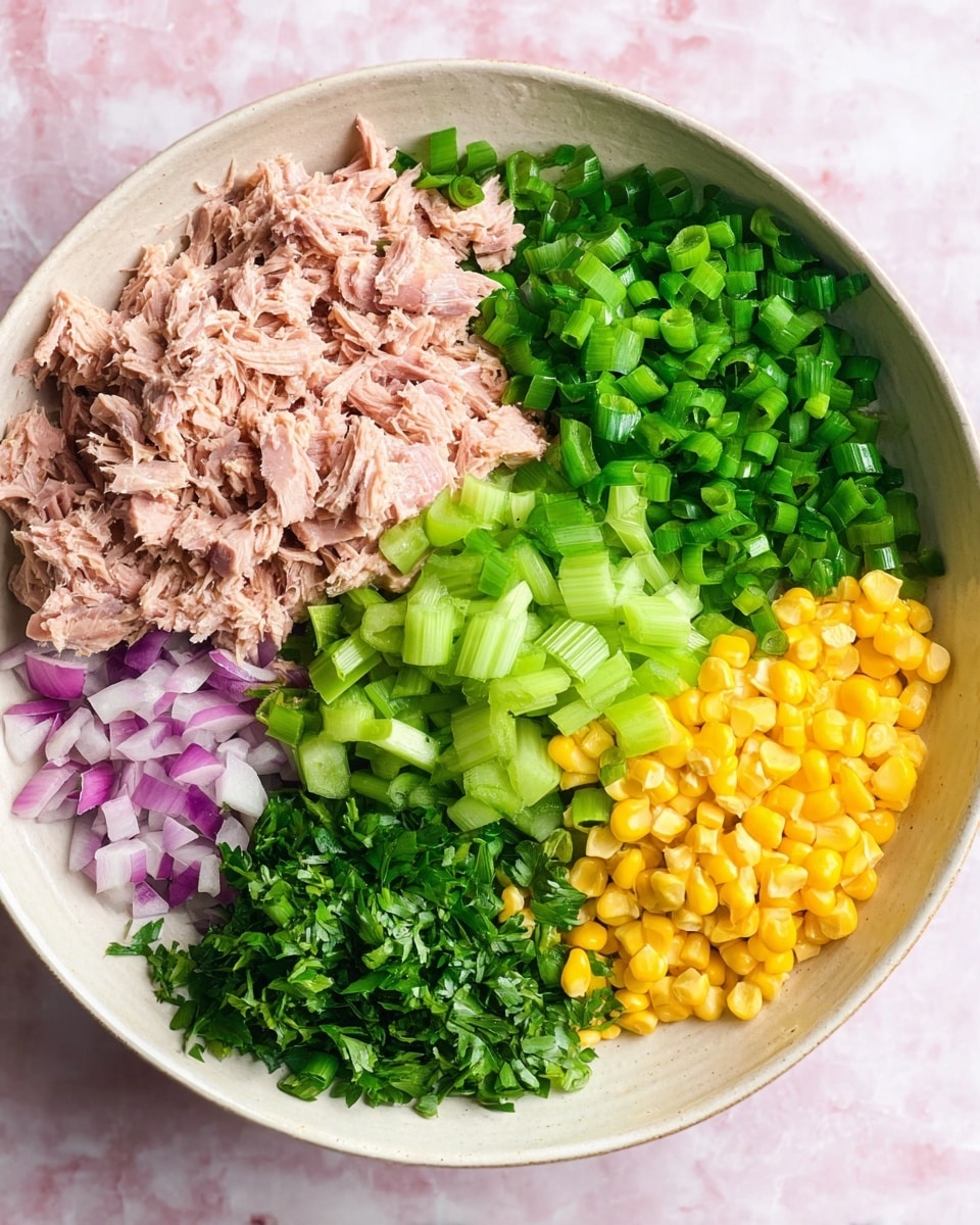 The image shows a white bowl with six different ingredients placed side by side in separate sections without mixing. At the top left is a pile of light pink shredded tuna with a soft and flaky texture. To the right of the tuna are bright green chopped spring onions, cut into small, round pieces. Below the tuna, light green thick slices of celery are arranged diagonally. Next to the celery are small pieces of chopped red onion, pale purple with white bits. Near the center of the bowl is a bunch of fresh dark green chopped parsley leaves. Finally, on the bottom right side is a pile of bright yellow corn kernels. The bowl sits on a white marbled surface. photo taken with an iphone --ar 4:5 --v 7