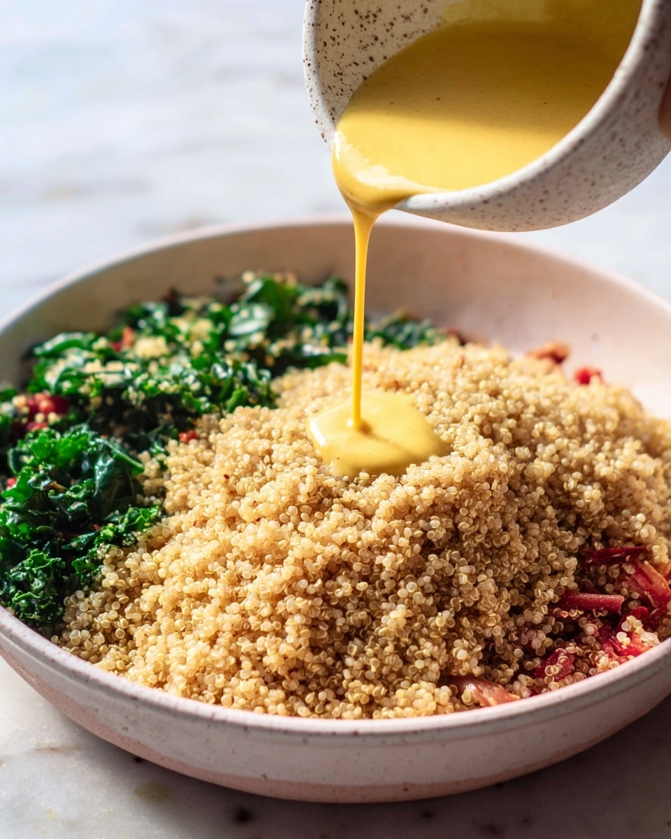 A close-up of a white bowl filled with a layered dish: the bottom layer has small red chopped pieces visible only at the edge, followed by a thick middle layer of light tan cooked quinoa with a grainy texture covering most of the bowl, and the top layer is dark green leafy chopped vegetables on one side. A woman's hand is pouring a smooth mustard-yellow sauce from a tilted speckled white bowl onto the center of the quinoa. The bowl is on a white marbled surface with soft natural light. photo taken with an iphone --ar 4:5 --v 7