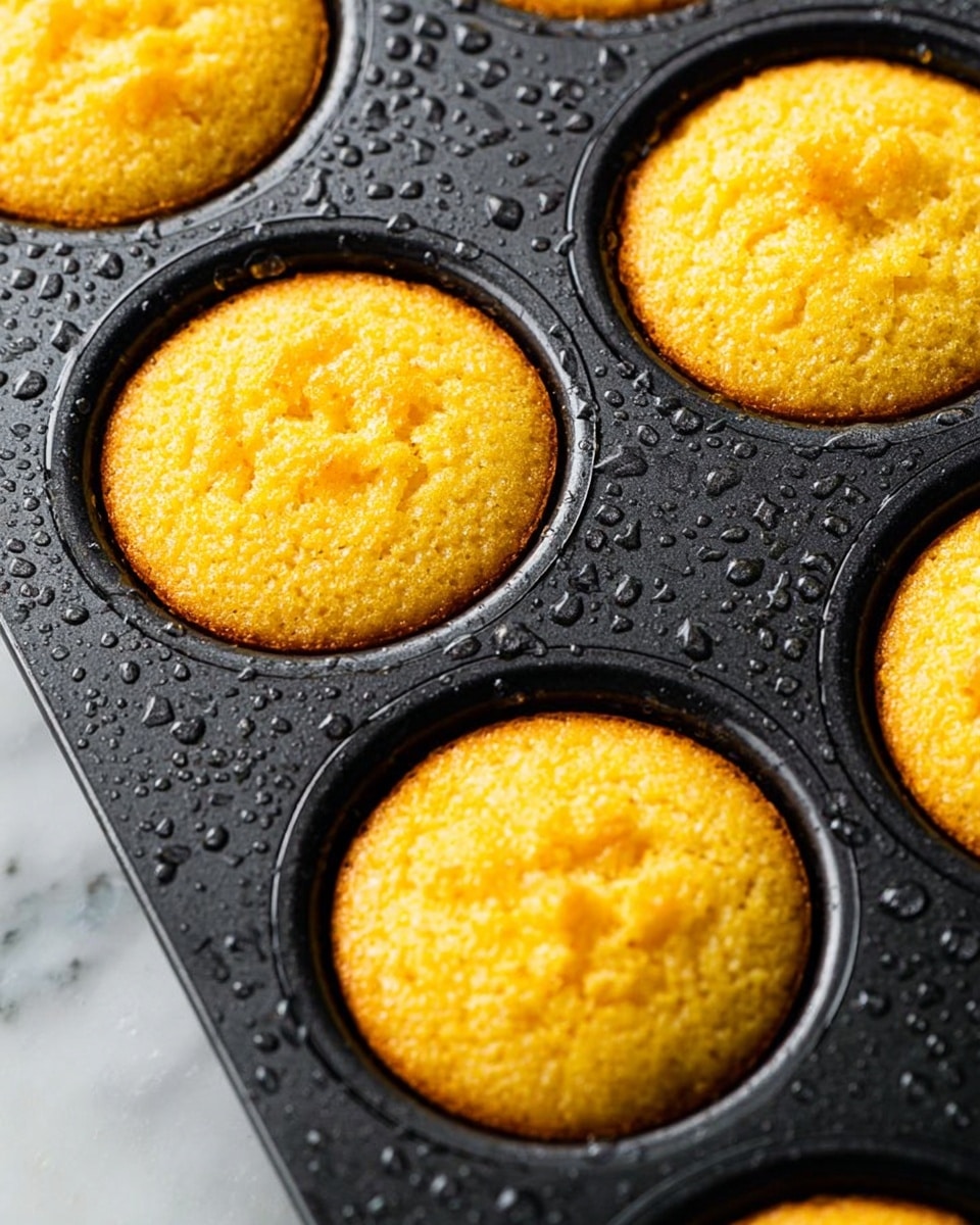 The image shows a close-up view of a black muffin tray with six small cornbread muffins inside six of its holes. Each muffin is golden yellow with a slightly crumbly texture on top, showing a light brown crust around the edges. The surface of the muffin tray is wet with droplets of water scattered around, giving a fresh look. The black tray contrasts with the bright yellow muffins, and the background is a white marbled texture. photo taken with an iphone --ar 4:5 --v 7