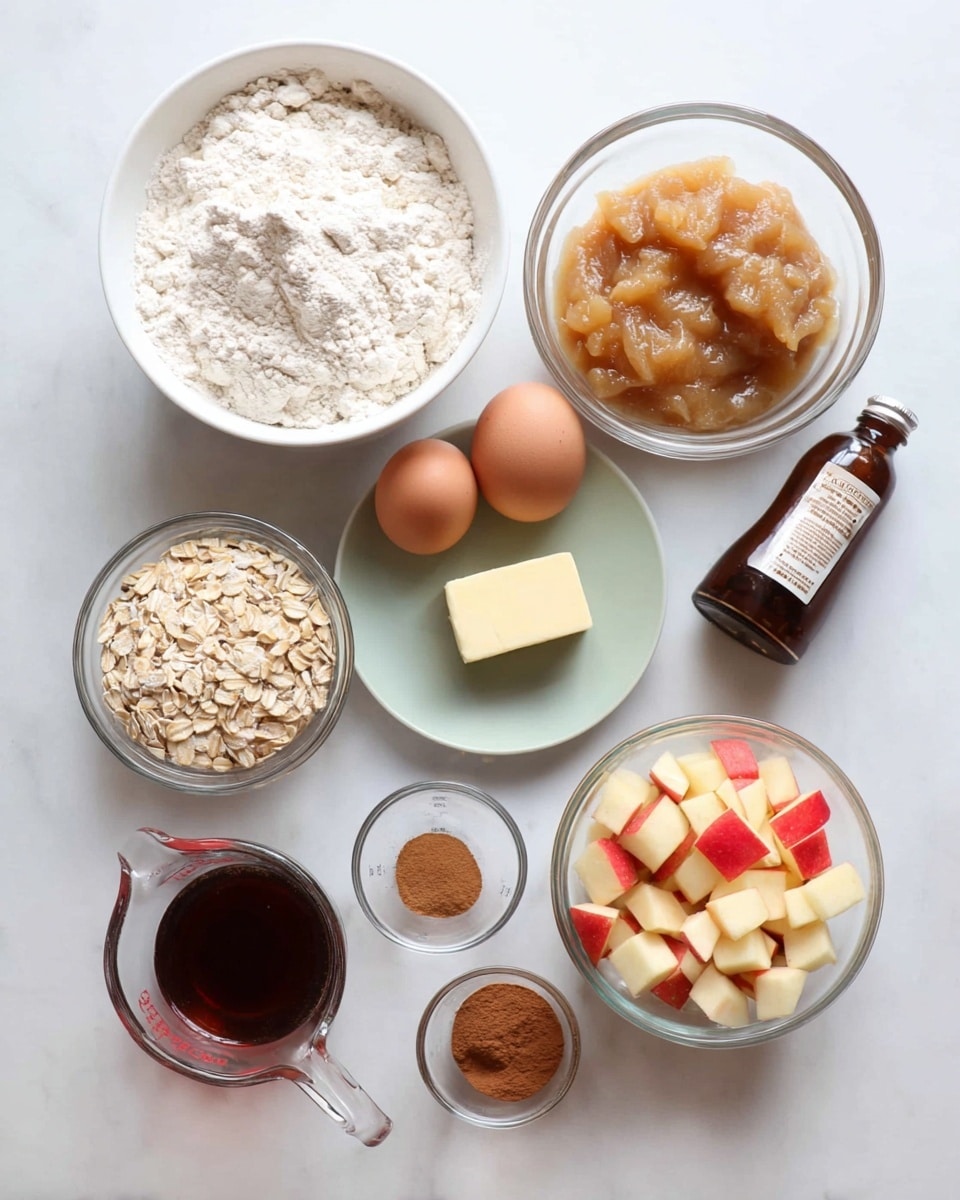 A top view of several white and clear bowls and a small white plate arranged on a white marbled surface. In the largest clear bowl, there is white flour. Next to it is a smaller clear bowl filled with light brown applesauce. A small cube of butter sits near the applesauce. Below the butter is a white plate holding two brown eggs. To the left, a clear bowl contains rolled oats. Below it is a small clear measuring cup filled with dark brown liquid, likely syrup or vanilla. Next to it is a dark brown bottle with a label and a small container holding cinnamon powder. In the center, a clear bowl shows small diced pieces of red-skinned apple. All items are neatly spread out in an organized way. Photo taken with an iphone --ar 4:5 --v 7