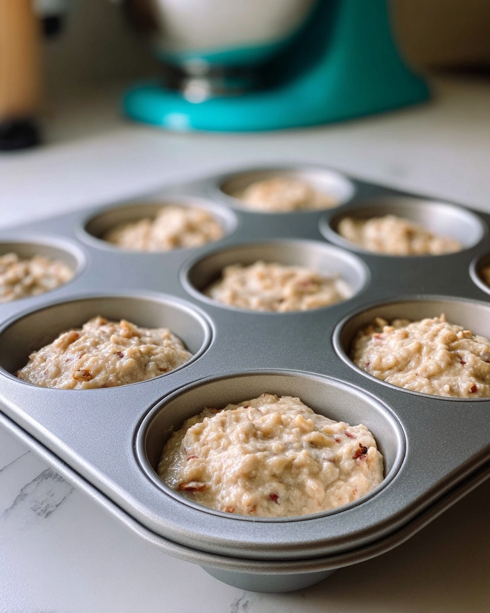 A close-up view of a silver muffin tray filled with a thick, lumpy batter spread evenly inside each of the ten round cup molds. The batter is light beige with visible small bits of fruit or nuts embedded throughout, giving a slightly textured look. The tray is placed on a white marbled surface, and in the blurry background, a teal stand mixer and some kitchen objects are visible, creating a cozy kitchen setting. The batter cups are about three-quarters full and look ready to bake. photo taken with an iphone --ar 4:5 --v 7