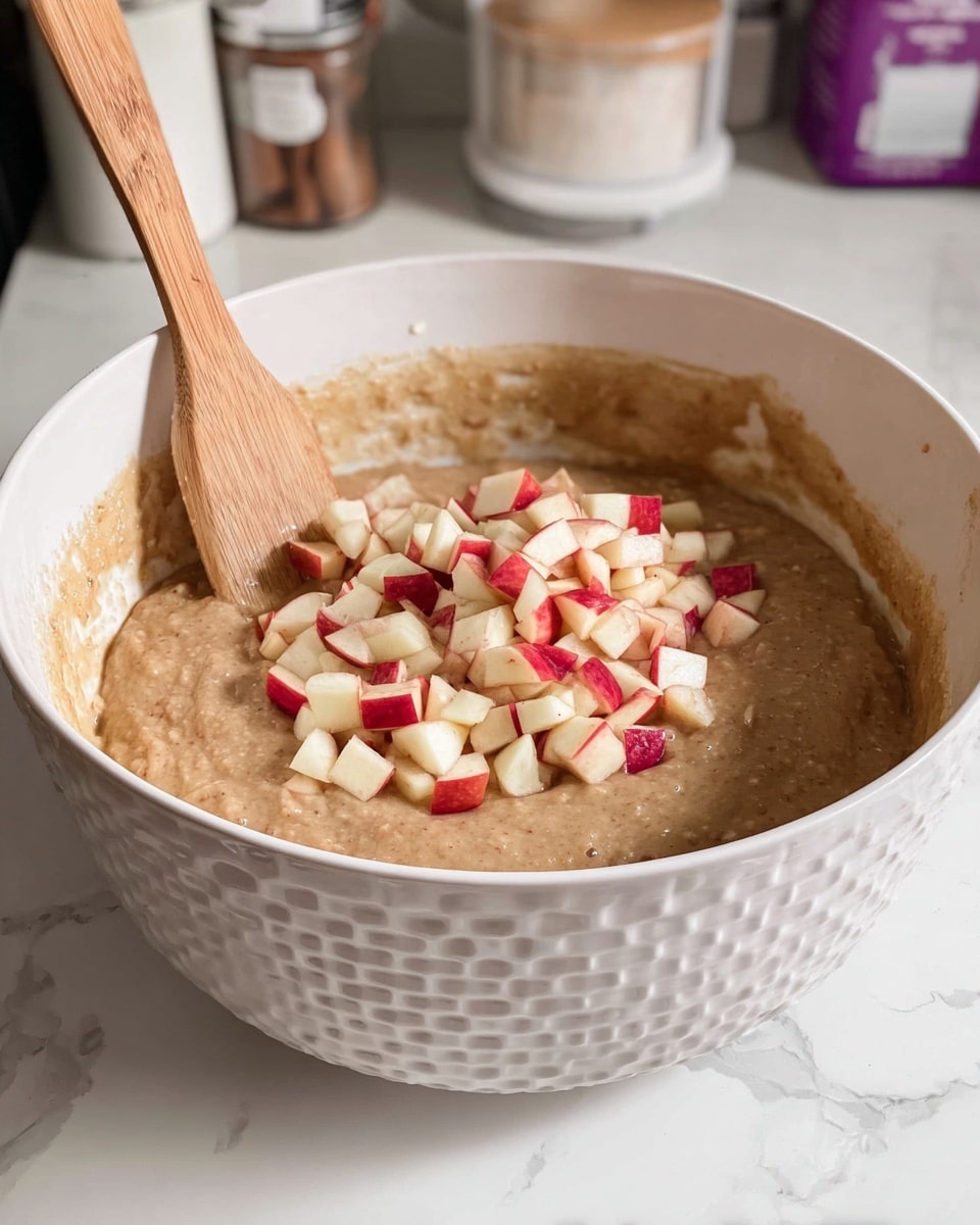 A white bowl with textured edges holds a thick light brown batter serving as the base layer. On top, there is a mound of small, chopped red and white apple pieces placed in the center. A wooden spatula with a smooth finish stands upright inside the bowl, touching the batter. The bowl is set on a white marbled surface, with blurred containers and bottles in the background. photo taken with an iphone --ar 4:5 --v 7