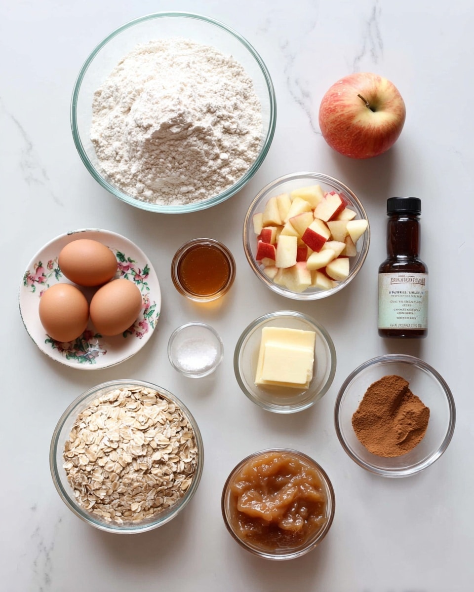 The image shows a clean white marbled surface with nine clear or white bowls and containers arranged neatly, each holding a different baking ingredient. At the top center is a large clear glass bowl filled with white flour. Below it and slightly to the left is a medium clear glass bowl with light brown oats. Below the oats to the left is a small white plate with a floral pattern holding two brown eggs. To the right of the eggs is a clear bowl filled with small diced pieces of red and cream apple. Above the apples, there is a small piece of light yellow butter. To the right of the butter is a medium clear glass bowl filled with light brown applesauce. In the bottom row, left side, there is a small clear container with amber maple syrup. Next to it in the middle is a dark bottle of orange pumpkin spice vanilla flavor. On the bottom right is a glass bottle of light brown cinnamon powder. All items are spaced out neatly on the white marbled surface photo taken with an iphone --ar 4:5 --v 7
