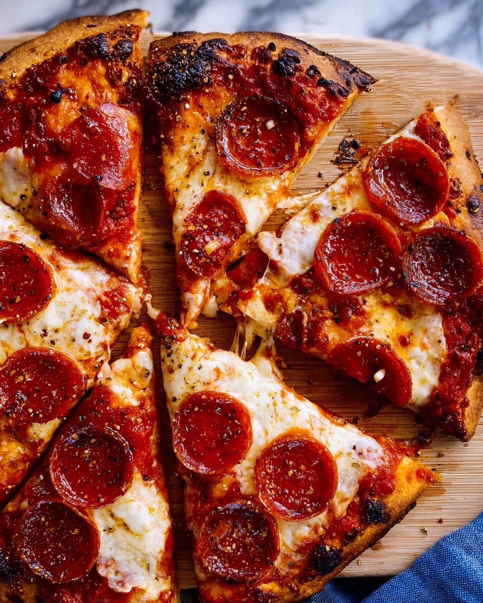 A close-up view of a pepperoni pizza with seven triangular slices arranged in a circle. The crust is golden brown with some slightly charred spots. Each slice is topped with melted, bubbly white cheese covering a rich red tomato sauce. Bright red pepperoni slices with darker burnt edges are placed evenly on top, some with small pools of oil glistening in the light. There are scattered spices sprinkled lightly over the pizza adding texture. The pizza is on a wooden board with a blue cloth in the background, all set on a white marbled surface. Photo taken with an iphone --ar 4:5 --v 7