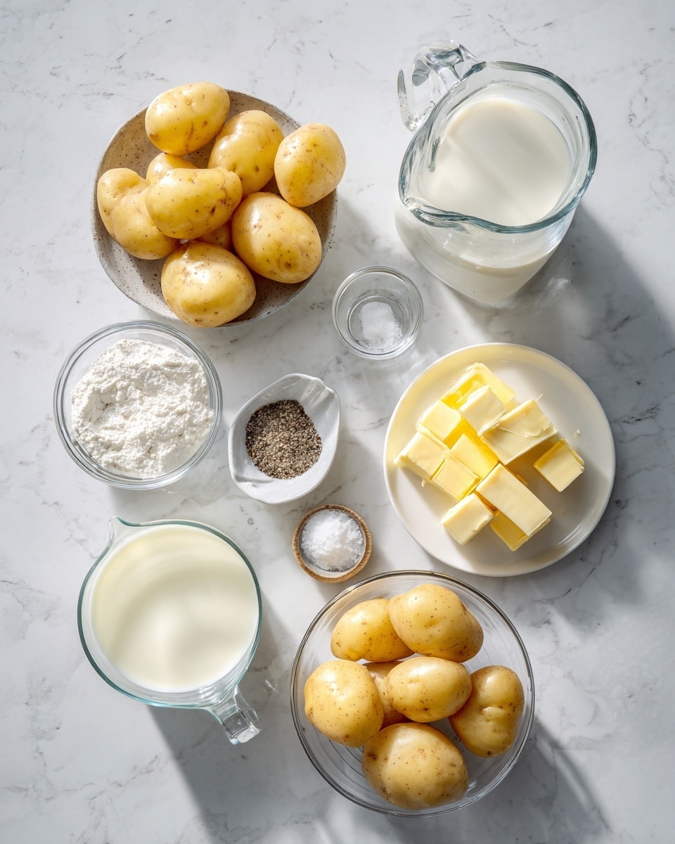 Top-down professional food photography flat lay style, bright white marble countertop, neatly arranged, evenly spaced, tidy, clean organized layout, include: small bowl of peeled chopped Russet potatoes, large clear glass measuring cup of water, glass measuring cup of whole milk, small plate with butter sticks, small bowls of salt and black pepper, bright soft natural lighting, sharp focus, high detail textures, realistic reflections, professional DSLR look, 4K, no finished dish, no cooked food, no hands, no text, no watermark, no brand logos --ar 4:5 --v 7