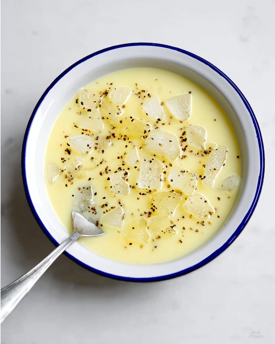 A white enamel bowl with a blue rim holds a creamy, pale yellow soup with a smooth texture filling most of the bowl. On top of the soup are many clear, irregular ice cubes scattered around, each sprinkled with small black pepper flakes giving a dotted pattern. A shiny silver spoon rests inside the bowl on the left side. The bowl is placed on a white marbled surface, adding a clean and simple background. photo taken with an iphone --ar 4:5 --v 7