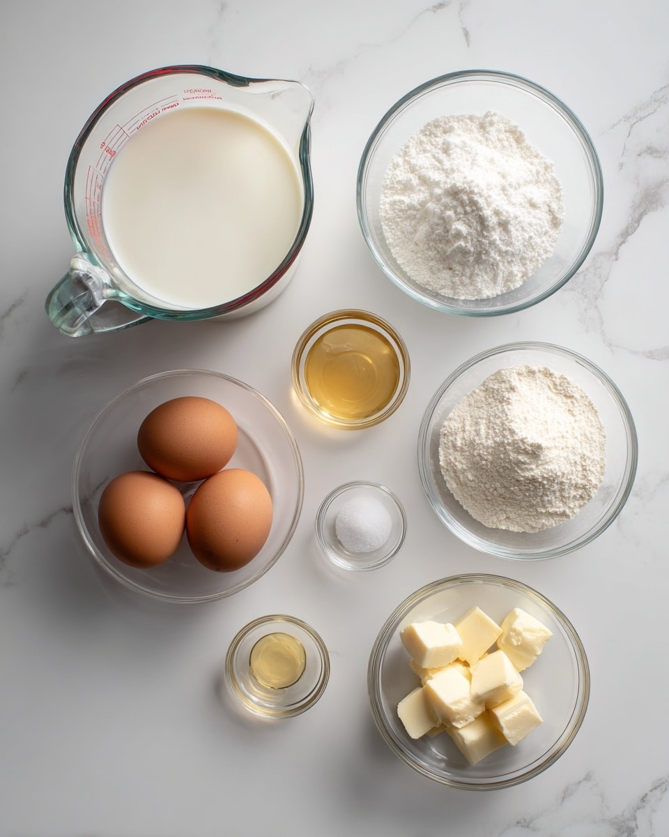 A white marbled surface holds six clear glass bowls and a clear glass measuring cup arranged neatly. The largest item is a measuring cup filled with white milk placed on the left. To its right, there is a small clear bowl with white granulated sugar, a smaller clear bowl with white powder next to it, and below those bowls, a larger clear bowl containing four brown eggs. Below the eggs, a tiny clear bowl has two small pale yellow butter cubes, and next to it, a small clear bowl filled with golden vanilla extract. The overall scene looks bright and clean with natural light, photo taken with an iphone --ar 4:5 --v 7