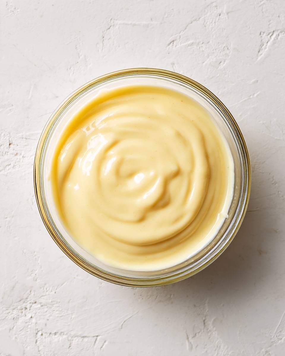 A clear glass bowl filled with a smooth, creamy pale yellow sauce, with gentle swirl marks on the surface, sitting on a white marbled textured surface, photo taken with an iphone --ar 4:5 --v 7