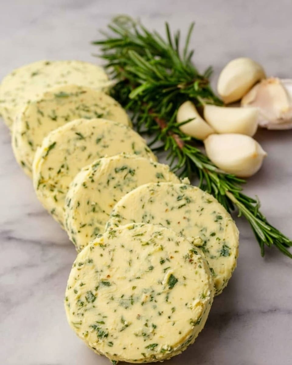 The image shows seven round slices of herb butter arranged in a slight overlap on a white marble surface. Each slice is pale yellow with green herb bits spread evenly throughout, giving a speckled look. Behind the slices is a small bunch of fresh rosemary sprigs and five whole peeled garlic cloves resting on the marble, adding a fresh, natural touch to the composition. Photo taken with an iphone --ar 4:5 --v 7