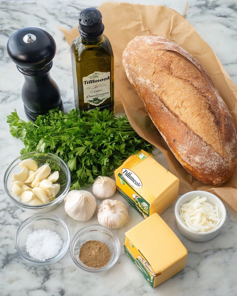 A white marble surface holds fresh ingredients arranged neatly: a long loaf of light brown crusty bread placed diagonally on white paper, a bunch of bright green parsley in the center, and two whole white garlic bulbs near it. Two sticks of bright yellow butter labeled “Tillamook Unsalted Extra Creamy Butter” sit side by side. Next to them are two small clear glass bowls, one with peeled garlic cloves and the other with a beige powder. A wedge of pale yellow cheese in a white and beige wrapper rests near the parsley. A tall, dark green bottle stands in the background, alongside a small white bowl filled with coarse salt and a tall black pepper grinder. The image has soft natural light, photo taken with an iphone --ar 4:5 --v 7