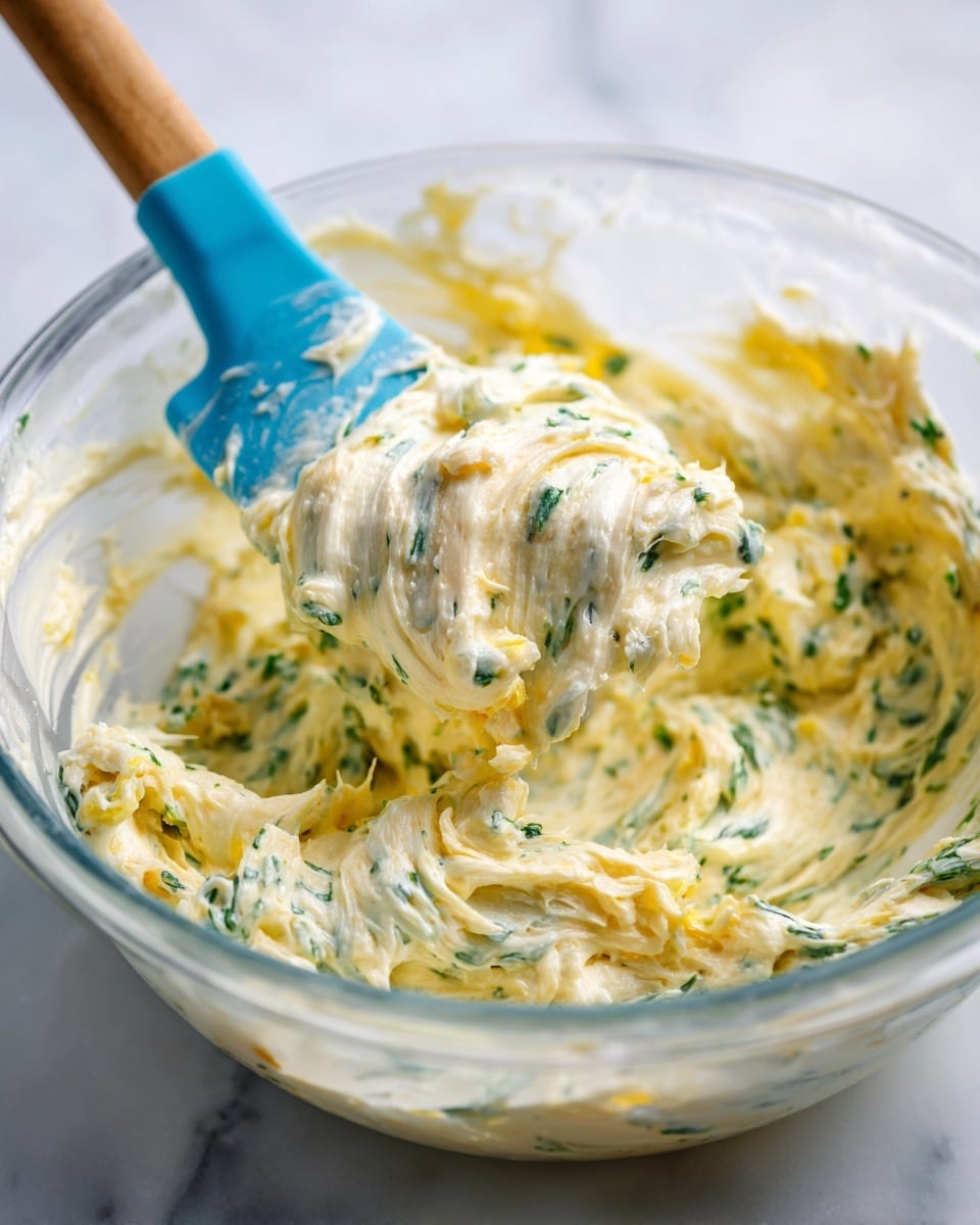 A close-up image of a creamy, mixed spread in a clear glass bowl, showing a thick, soft texture with small bits of green herbs and light yellow pieces throughout. The mixture appears almost fluffy with visible swirls and soft peaks, while a blue spatula with a wooden handle is partially dipped into the spread, lifting some of it. The background is a white marbled texture. photo taken with an iphone --ar 4:5 --v 7