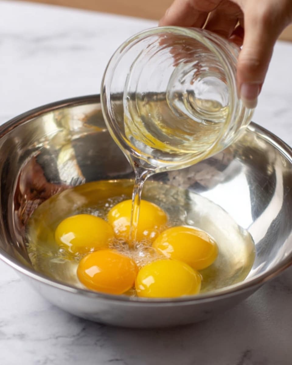 A close-up image shows a woman's hand pouring clear water from a small glass bowl into a large silver metal bowl with four cracked raw eggs inside. The egg yolks are bright yellow and round, sitting in the clear egg whites. The background is a white marbled texture. The photo taken with an iphone --ar 4:5 --v 7