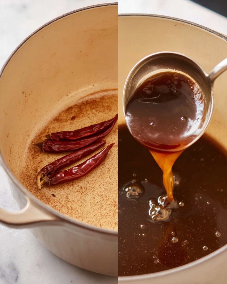 The image shows two side-by-side close-up shots inside a cream-colored pot. On the left side, three dried red chili peppers rest on the pot's slightly scratched bottom with a light brown seasoning layer around them. On the right side, a silver ladle lifts a thick, shiny dark brown sauce with a smooth texture above bubbling liquid in the pot. The background is a white marbled surface. Photo taken with an iphone --ar 4:5 --v 7