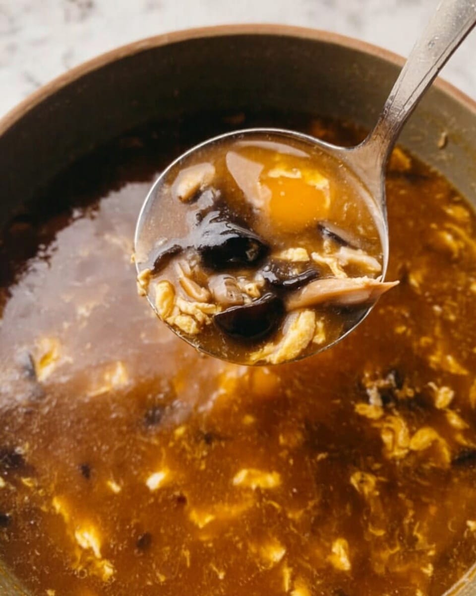 The image shows a ladle lifting a thick soup that is brown and slightly shiny with visible bits of light orange shredded egg floating inside. The soup contains dark, smooth pieces that look like mushrooms, adding texture. The ladle is silver and metal, with the soup gently pouring from it back into the pot beneath. The background is a white marbled texture. photo taken with an iphone --ar 4:5 --v 7