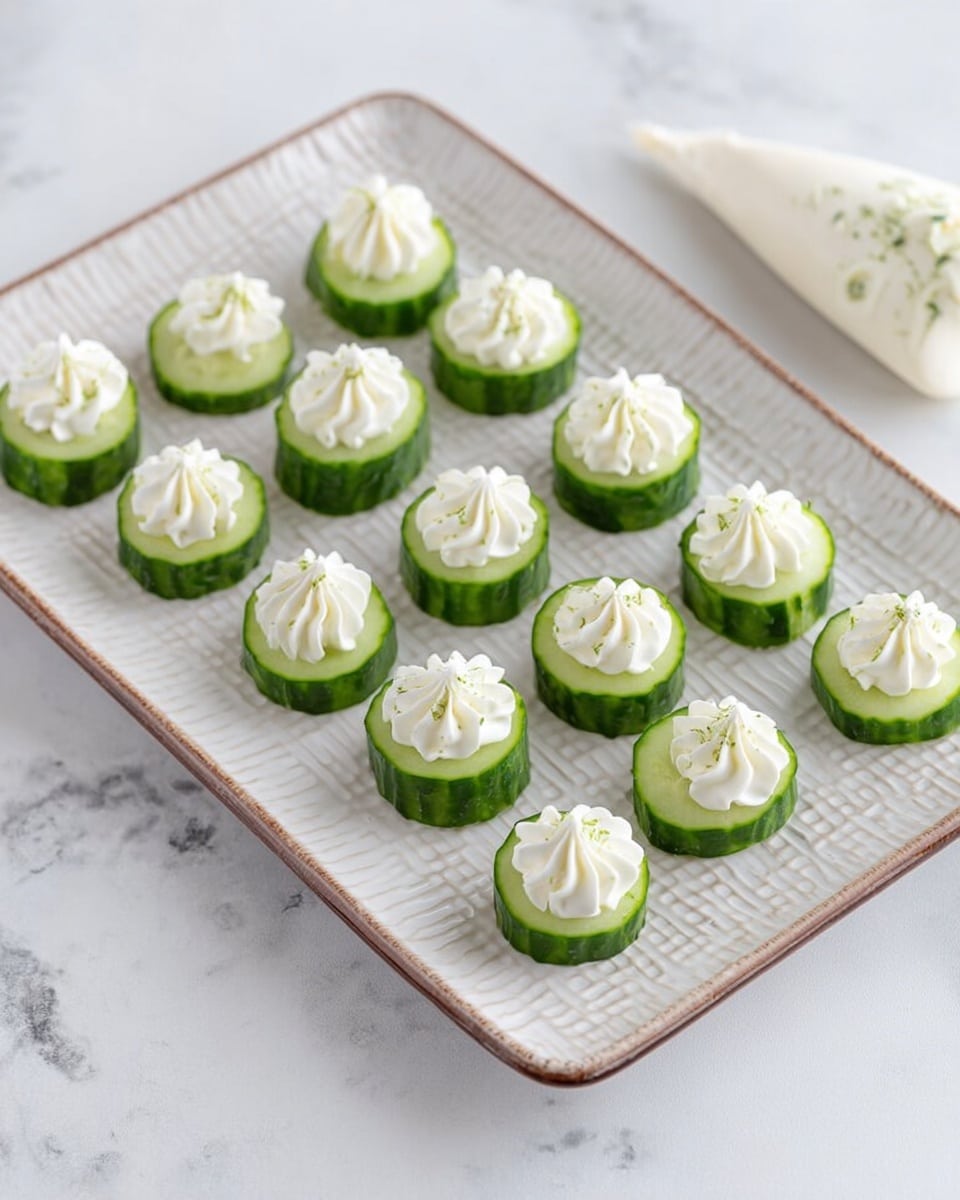 A white rectangular plate with a textured pattern and a brown edge holds fifteen cucumber rounds arranged in rows. Each cucumber slice is thick and bright green with a smooth, moist texture. On top of each cucumber round, there is a swirl of white creamy topping, piped with a star-shaped tip, adding a soft, fluffy look. To the right of the plate, a white piping bag with specks of green herbs is slightly visible on a white marbled surface. Photo taken with an iphone --ar 4:5 --v 7