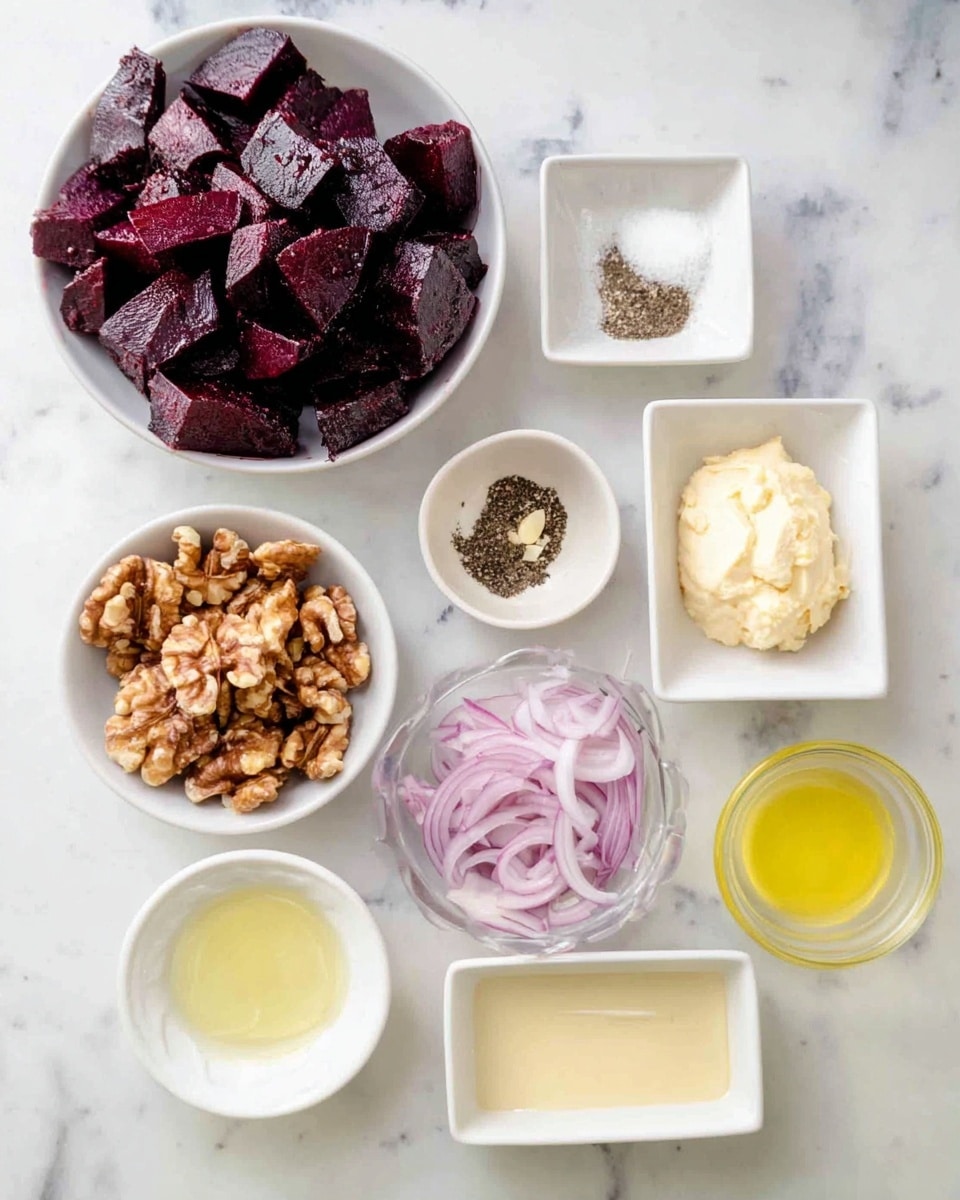 The image shows several small white containers placed on a white marbled surface, each holding different ingredients. One round white bowl contains dark purple chunks of roasted beets, piled densely. Another round white bowl nearby holds walnut pieces and a creamy, light brown spread. A rectangular white dish contains a smooth, pale yellow creamy substance. Two small square white dishes hold fine white salt mixed with black pepper, and thinly sliced light purple onions. Two small round white bowls contain a clear golden oil and chopped garlic pieces, while another white bowl holds a light-colored liquid, possibly a dressing. All items are spaced evenly on the marble surface with clear focus and bright lighting. Photo taken with an iphone --ar 4:5 --v 7