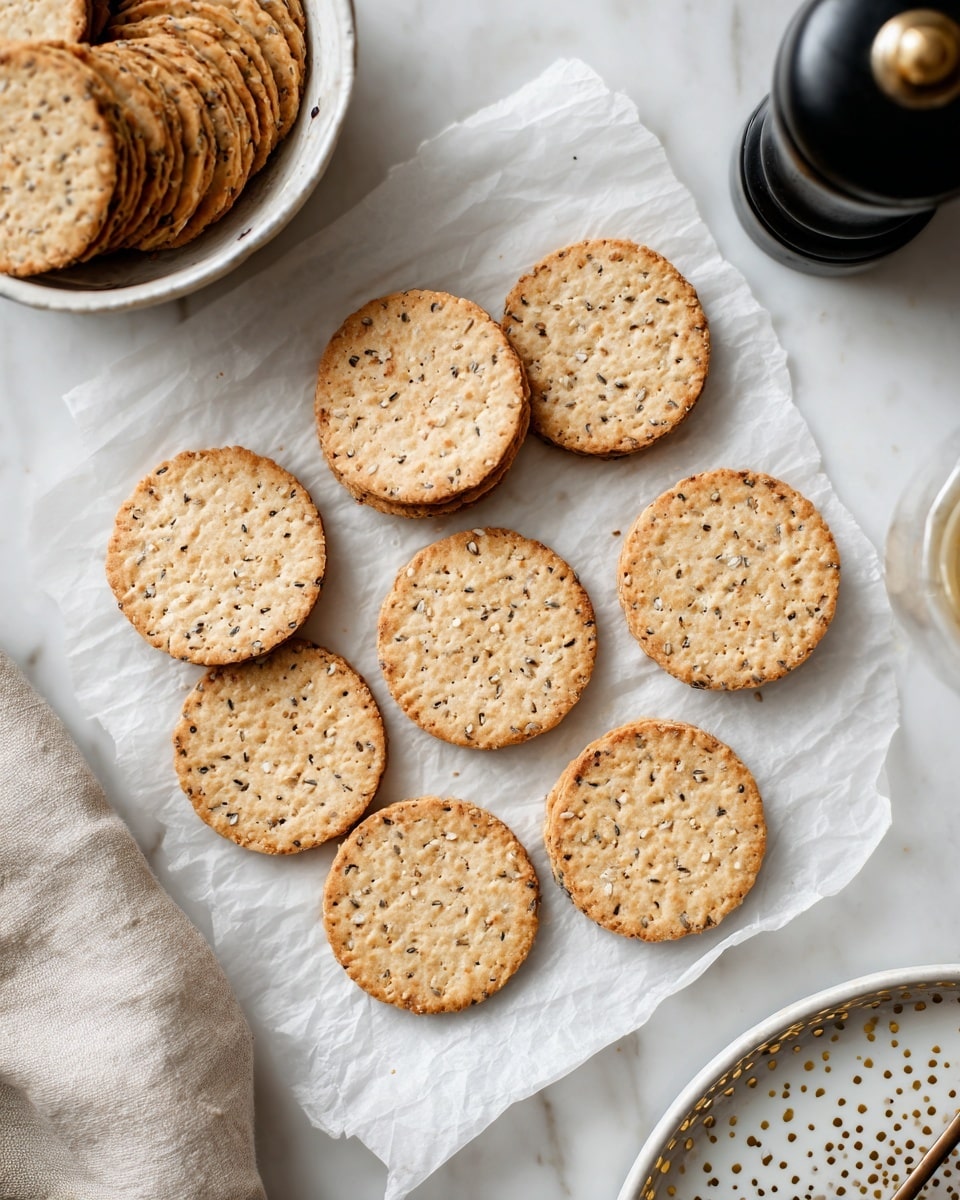 The image shows nine round crackers arranged in three rows and three columns on a white parchment paper. The crackers are light brown with small seeds and grains visible on their surface, giving them a slightly rough texture. In the top left corner, there is a white bowl filled with more crackers, and at the top right, a black pepper grinder is partly visible. The scene is set on a white marbled surface with a corner of a white plate with gold speckles seen at the bottom right. A woman's hand is not present but implied in the setting. Photo taken with an iphone --ar 4:5 --v 7