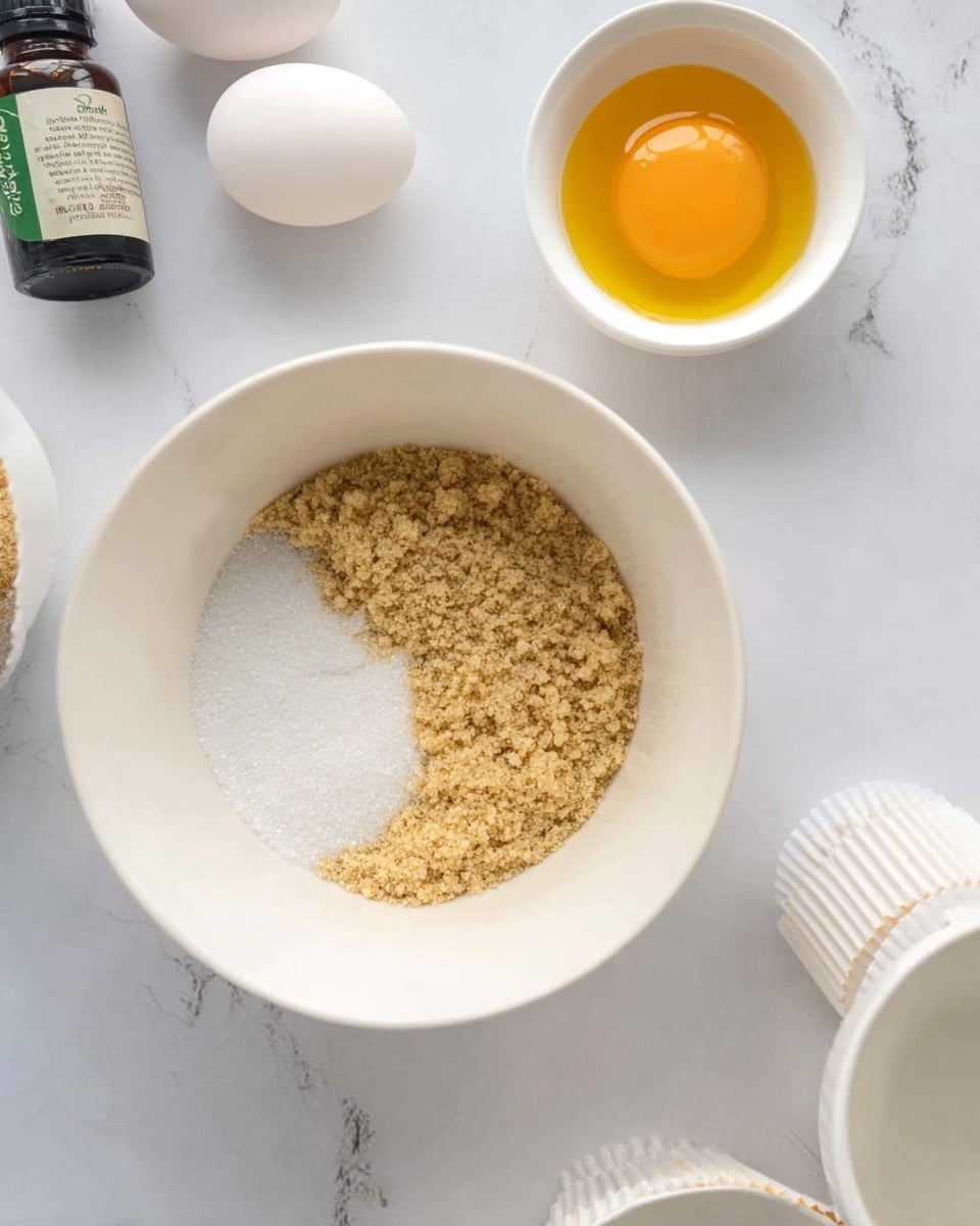 A top-down view of a white bowl on a white marbled surface, filled with two layers: a light brown crumbly layer on the right side and a white granulated layer on the left side. Nearby, there are two white eggs, a small white bowl with an orange-yellow liquid, and a bottle with a green label. Also visible is a white mixing bowl partially in the frame and white cupcake liners on the side. Photo taken with an iphone --ar 4:5 --v 7