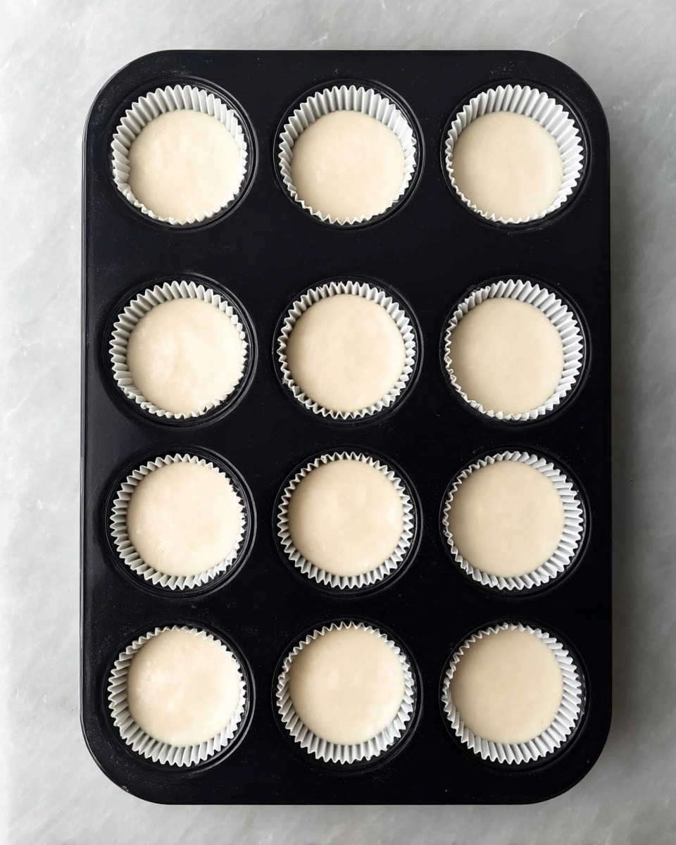 The image shows a black muffin tray holding twelve white paper cupcake liners filled evenly with smooth, pale batter. The liner’s ridged texture is visible around the batter, which fills each cup almost to the top. The tray and liners are placed on a white marbled surface. photo taken with an iphone --ar 4:5 --v 7