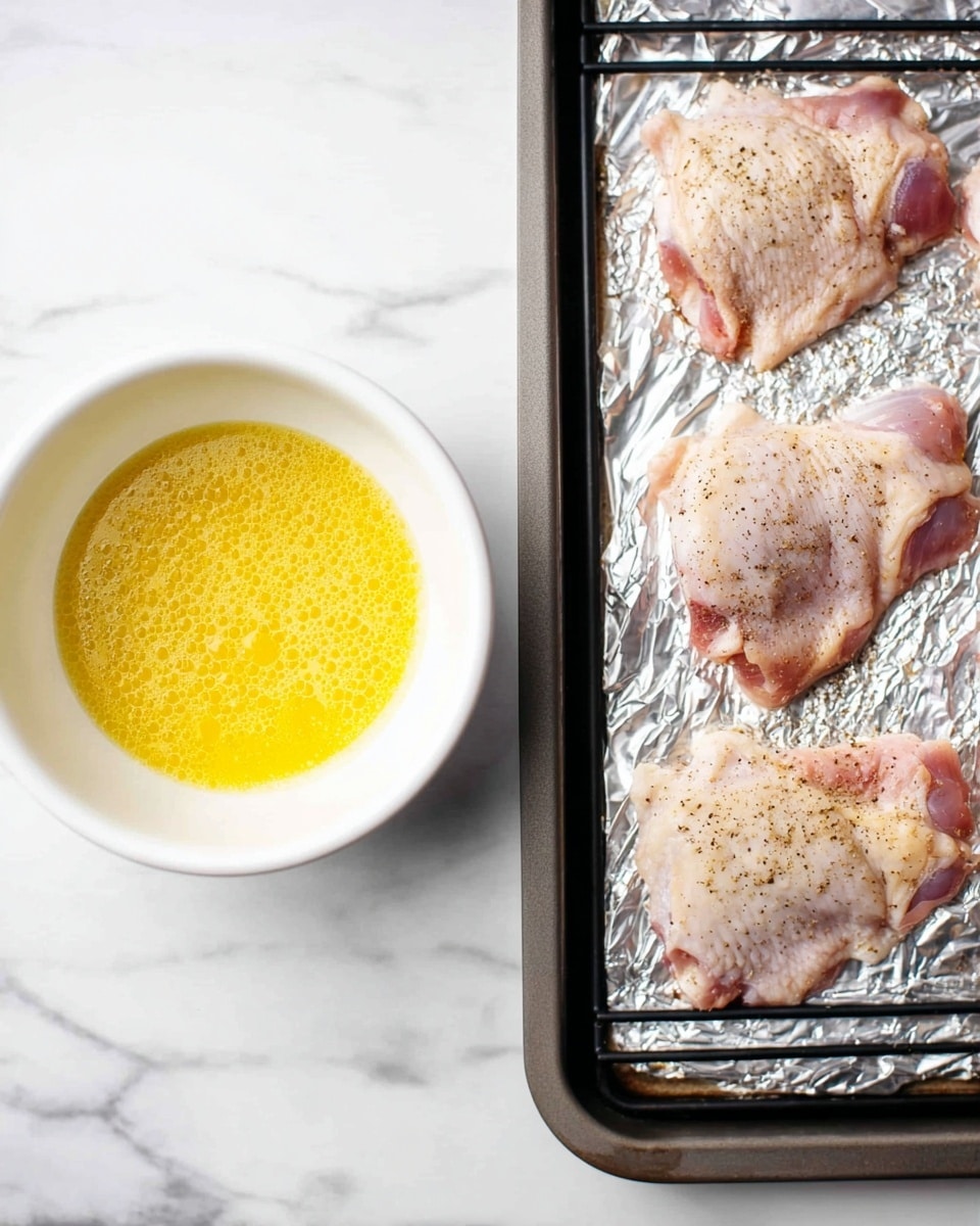 The left side shows a small white bowl filled with a yellow, melted butter-like liquid with tiny bubbles and a slightly frothy texture on a white marbled surface. The right side presents an oven tray lined with silver foil holding four raw, lightly seasoned pieces of chicken skin with a pale pink color and a light dusting of black pepper. The tray details include light black racks and a hint of seasoning texture on the chicken skin, set against the white marbled surface. photo taken with an iphone --ar 4:5 --v 7
