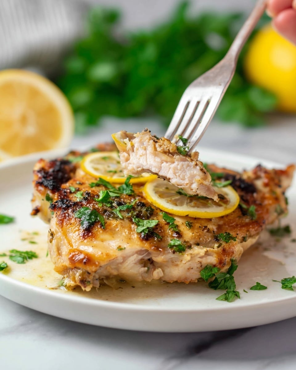 A close-up of a single piece of cooked chicken on a white plate set on a white marbled surface. The chicken is light golden brown with some darker charred spots and is topped with fresh green herbs and thin slices of lemon. A woman's hand is holding a fork that lifts a small piece of the chicken, showing its tender, juicy inside. In the background, out of focus, there is a lemon half and some green parsley leaves. photo taken with an iphone --ar 4:5 --v 7