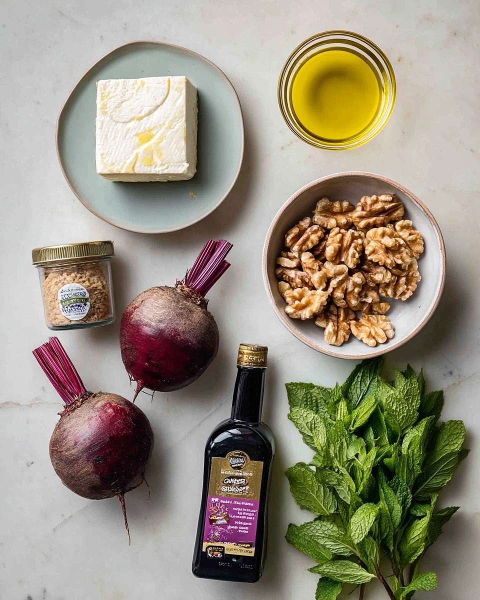 The image shows ingredients arranged on a white marbled surface. At the top left is a square block of white feta cheese on a small white plate. To the right is a glass container with yellow olive oil. Below the cheese are three whole red beets with purple stems. To the right of the beets is a white bowl filled with brown walnut halves. Below the beets is a dark bottle of balsamic vinegar, and next to it is a small glass jar labeled garlic granules with a purple label. At the bottom right, there is a bunch of fresh green mint leaves. Photo taken with an iphone --ar 4:5 --v 7