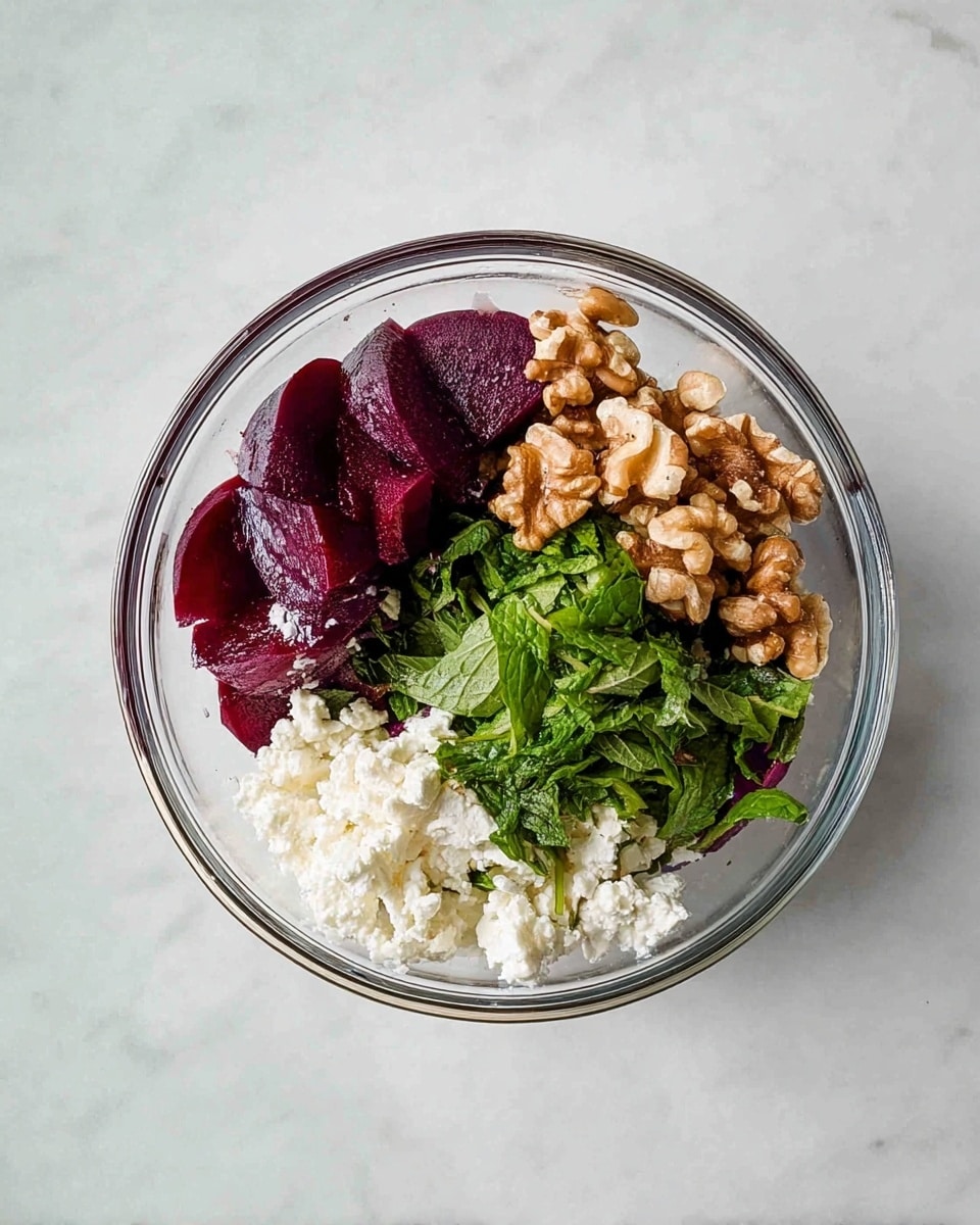 A clear glass bowl sits on a white marbled surface, filled with four distinct layers. At the bottom left, there are deep purple beet slices with a smooth, slightly shiny texture. To the right of the beets, small white crumbly pieces of cheese create a soft, grainy layer. Above the cheese sits a pile of fresh green mint leaves with a rough, jagged texture, and to the top right, a cluster of light brown walnut halves adds a rough, crunchy look. The colors contrast strongly, making each layer clear and vivid. photo taken with an iphone --ar 4:5 --v 7