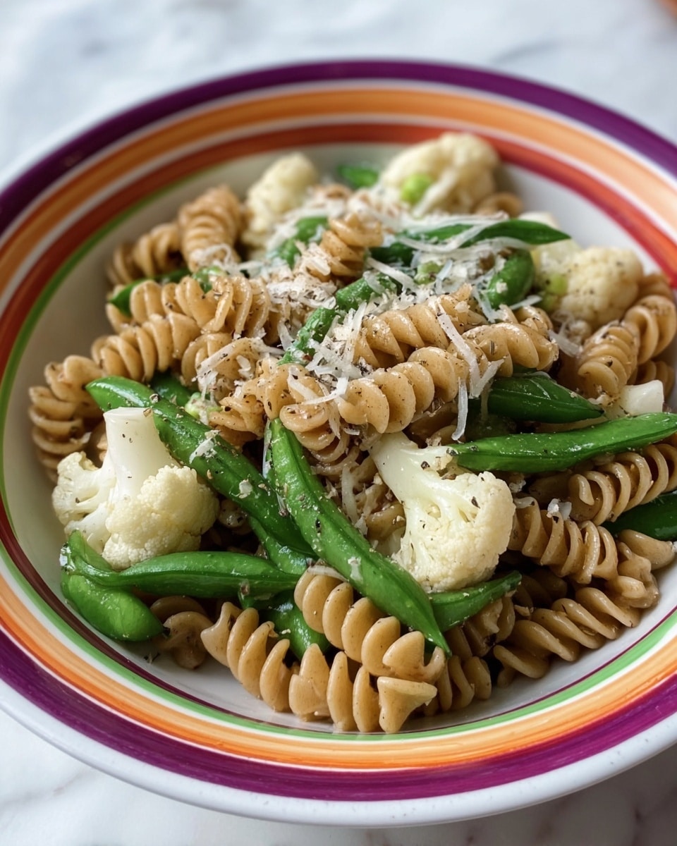 This image shows a bowl of cooked spiral pasta mixed with green snap peas and small white cauliflower florets. The pasta is light brown, the snap peas are bright green and slightly shiny, and the cauliflower pieces are soft white with a slightly crumbly texture. On top, there is grated white cheese sprinkled evenly along with a little black pepper. The bowl is white with wide colorful stripes of red, orange, green, and purple around the edges. The bowl is placed on a white marbled surface. photo taken with an iphone --ar 4:5 --v 7