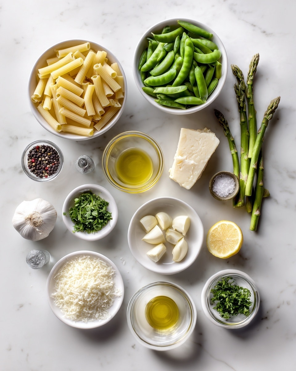Top-down professional food photography, flat lay style, bright white marble countertop, neatly arranged, evenly spaced, tidy, clean organized layout, include: bowl of dry uncooked pasta, small bowl of fresh asparagus tips, small bowl of frozen peas, small bowl of sliced sugar snap peas, small glass cup of fresh lemon juice, small plate with two whole garlic cloves, small plate with solid butter, small bowl of grated parmesan cheese, small bowl of chopped fresh parsley, small glass cup with olive oil, small glass cup with black peppercorns, small glass cup of coarse salt, bright soft natural lighting, sharp focus, high detail textures, realistic reflections, professional DSLR look, 4K, no finished dish, no cooked food, no hands, no text, no watermark, no brand logos --ar 4:5 --v 7