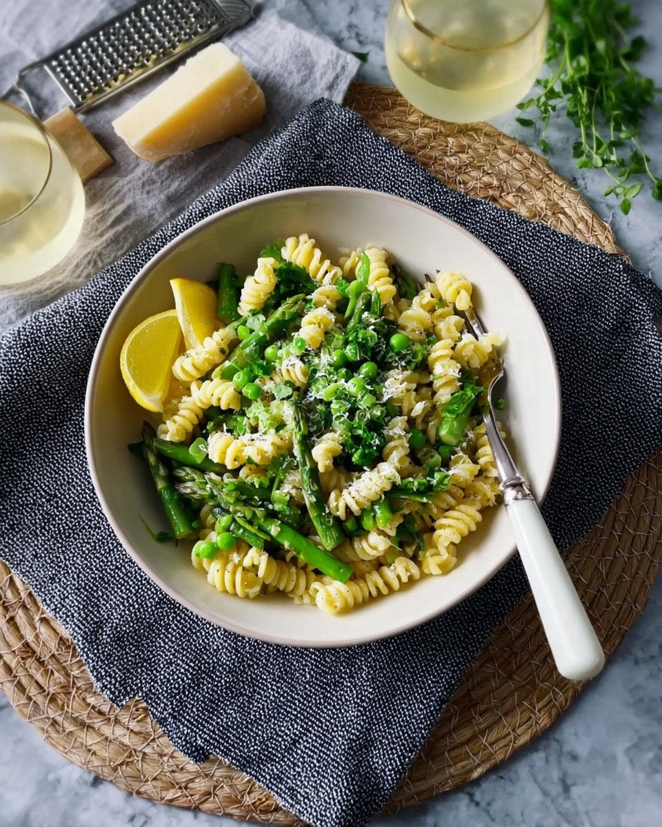 A white bowl filled with three layers: the bottom layer is light yellow spiral pasta, the middle layer is bright green snap peas and asparagus, and the top layer is small sprinkles of grated cheese and chopped herbs, with two lemon wedges placed on the side. The bowl has a white-handled fork resting on the edge. The bowl sits on a gray textured cloth over a round woven placemat, all set on a white marbled surface. Nearby, there is a small cheese grater with a block of cheese and some fresh herbs, along with a glass of light-colored drink. photo taken with an iphone --ar 4:5 --v 7