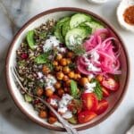 Mediterranean Quinoa Bowl with Spiced Chickpeas, Fresh Veggies, and Garlic Yogurt Sauce Recipe